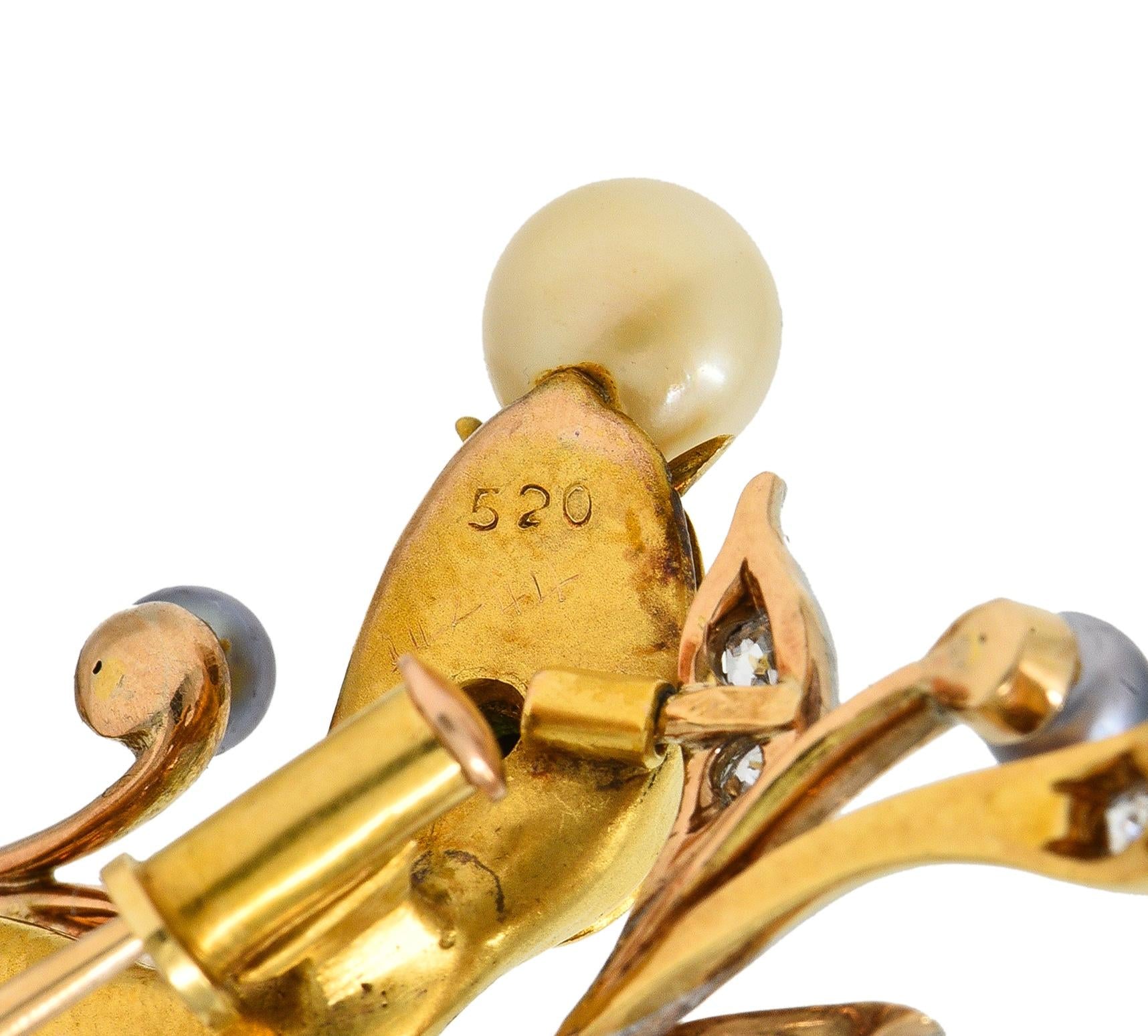 Edwardian Diamond Demantoid Pearl Platinum 14K Gold Antique Snake Brooch