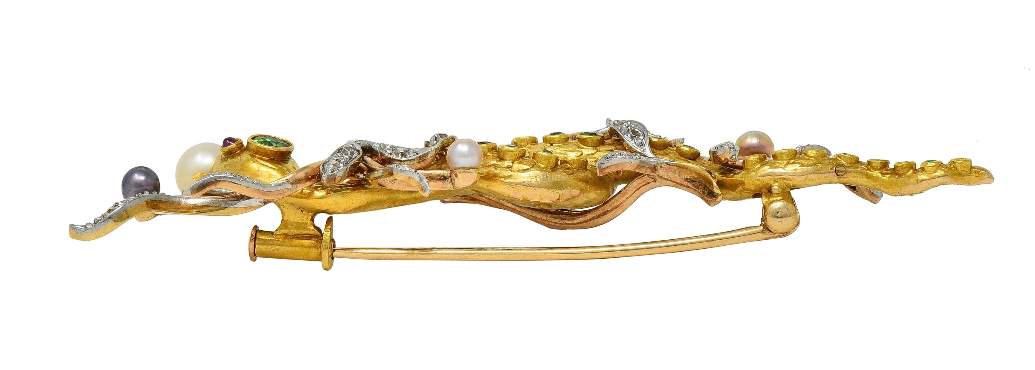 Edwardian Diamond Demantoid Pearl Platinum 14K Gold Antique Snake Brooch