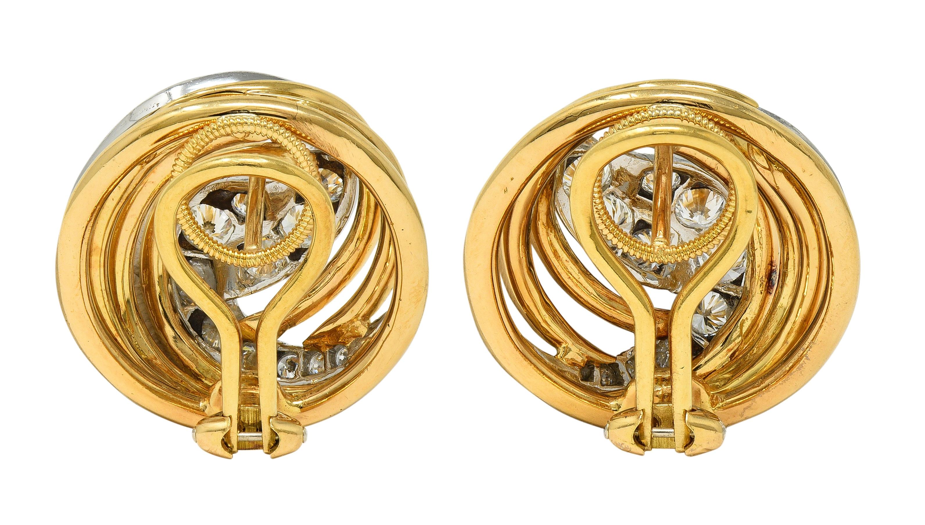 1960's 3.00 CTW Diamond Platinum 18K Gold Domed Swirl Vintage Ear-Clip Earrings
