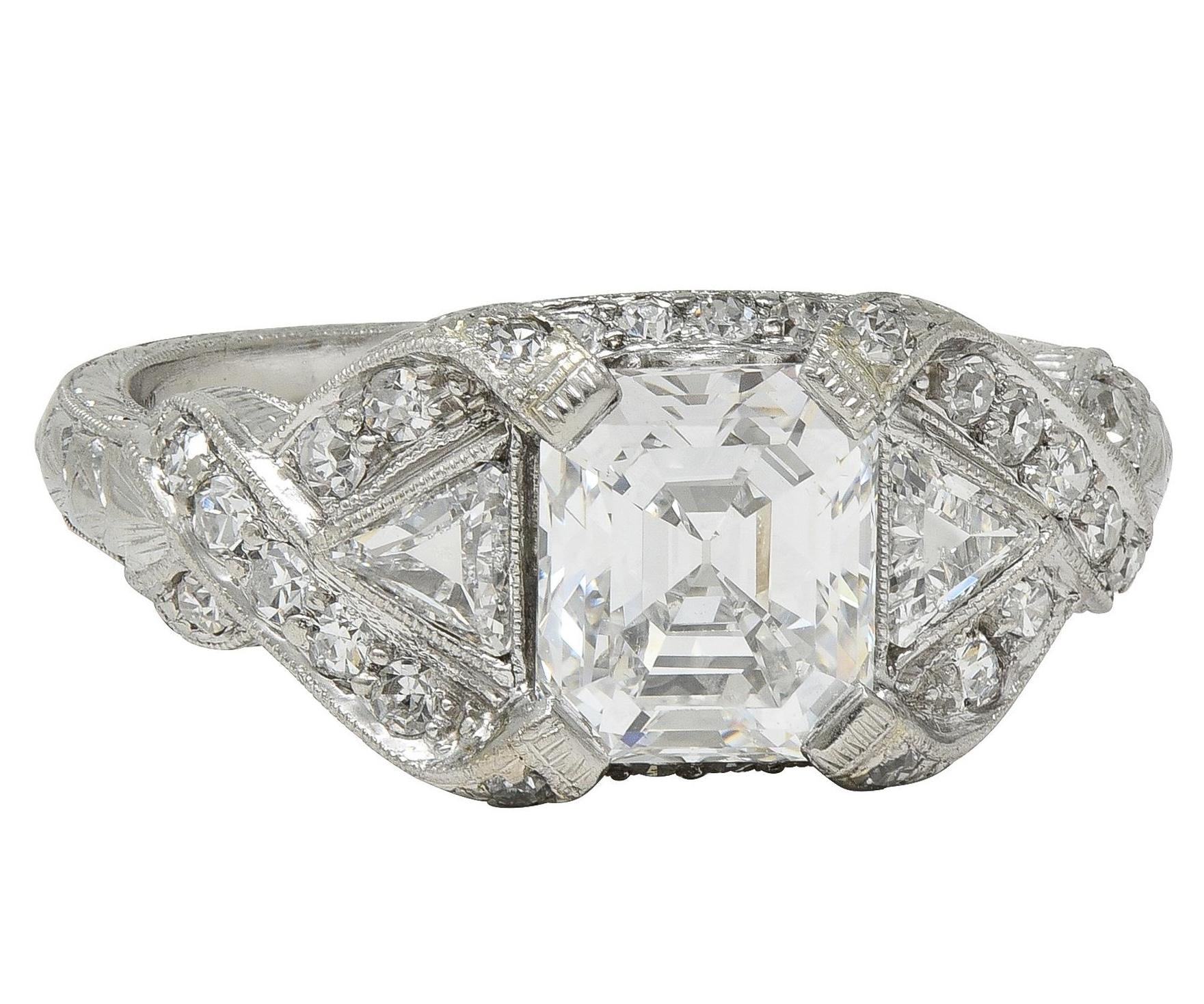 Art Deco 2.20 CTW Asscher Cut Diamond Platinum Vintage Wheat Engagement Ring
