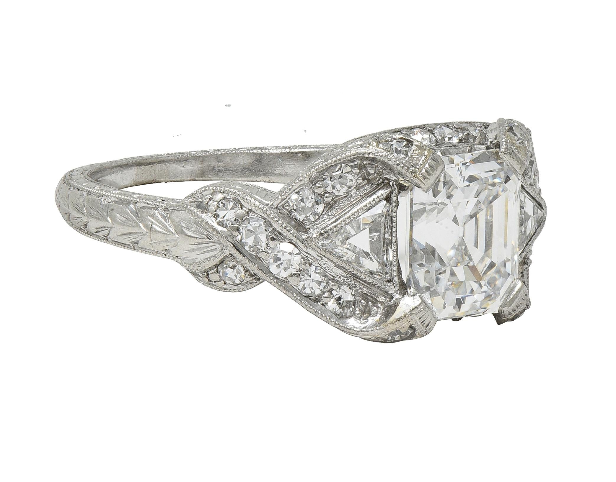 Art Deco 2.20 CTW Asscher Cut Diamond Platinum Vintage Wheat Engagement Ring