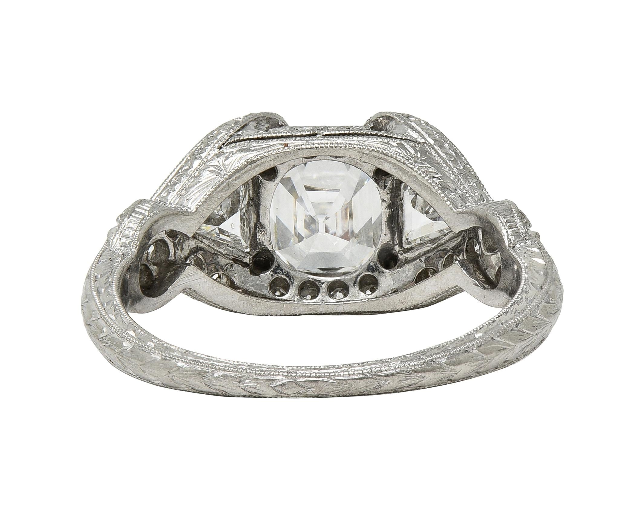 Art Deco 2.20 CTW Asscher Cut Diamond Platinum Vintage Wheat Engagement Ring