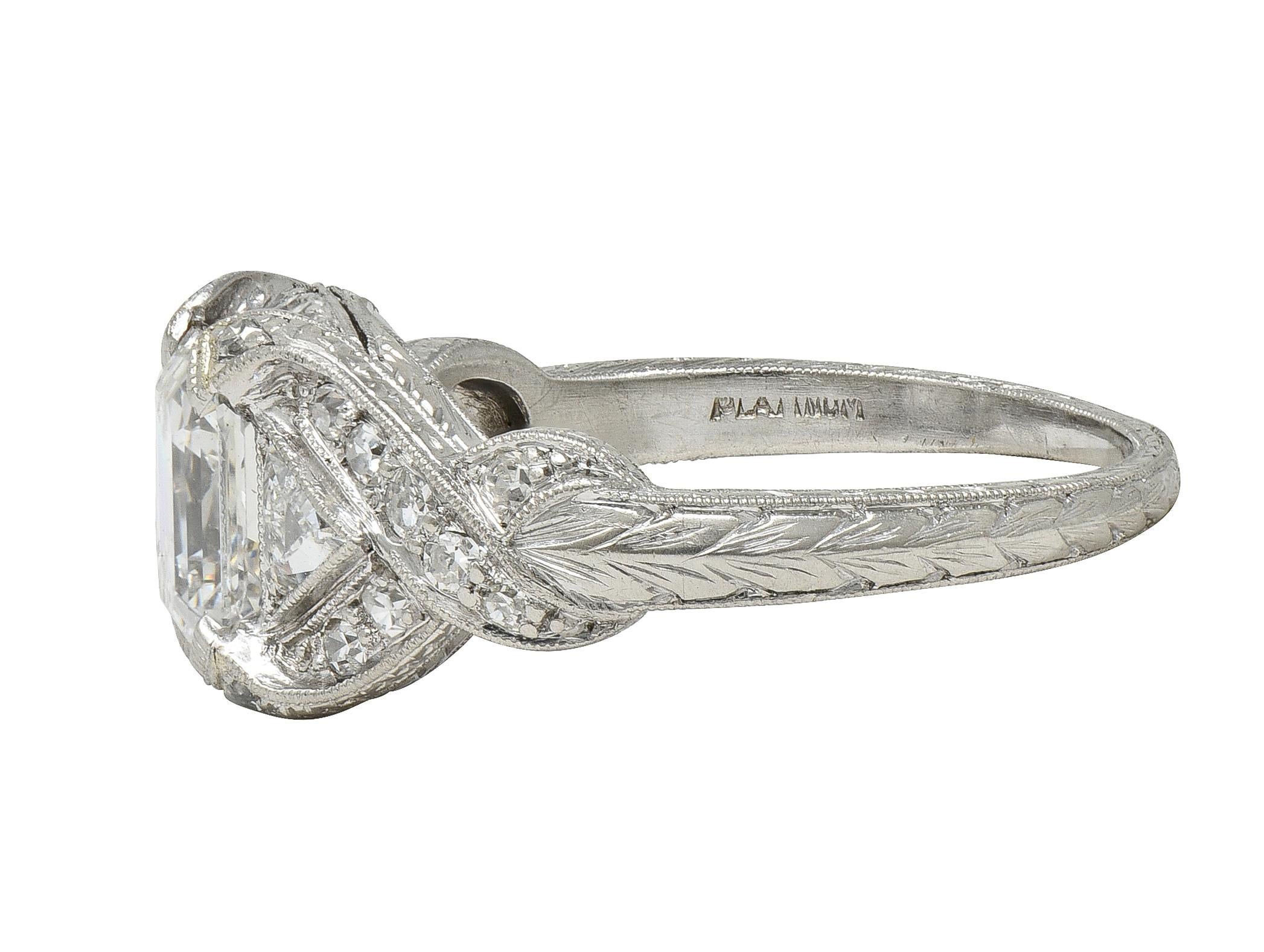 Art Deco 2.20 CTW Asscher Cut Diamond Platinum Vintage Wheat Engagement Ring