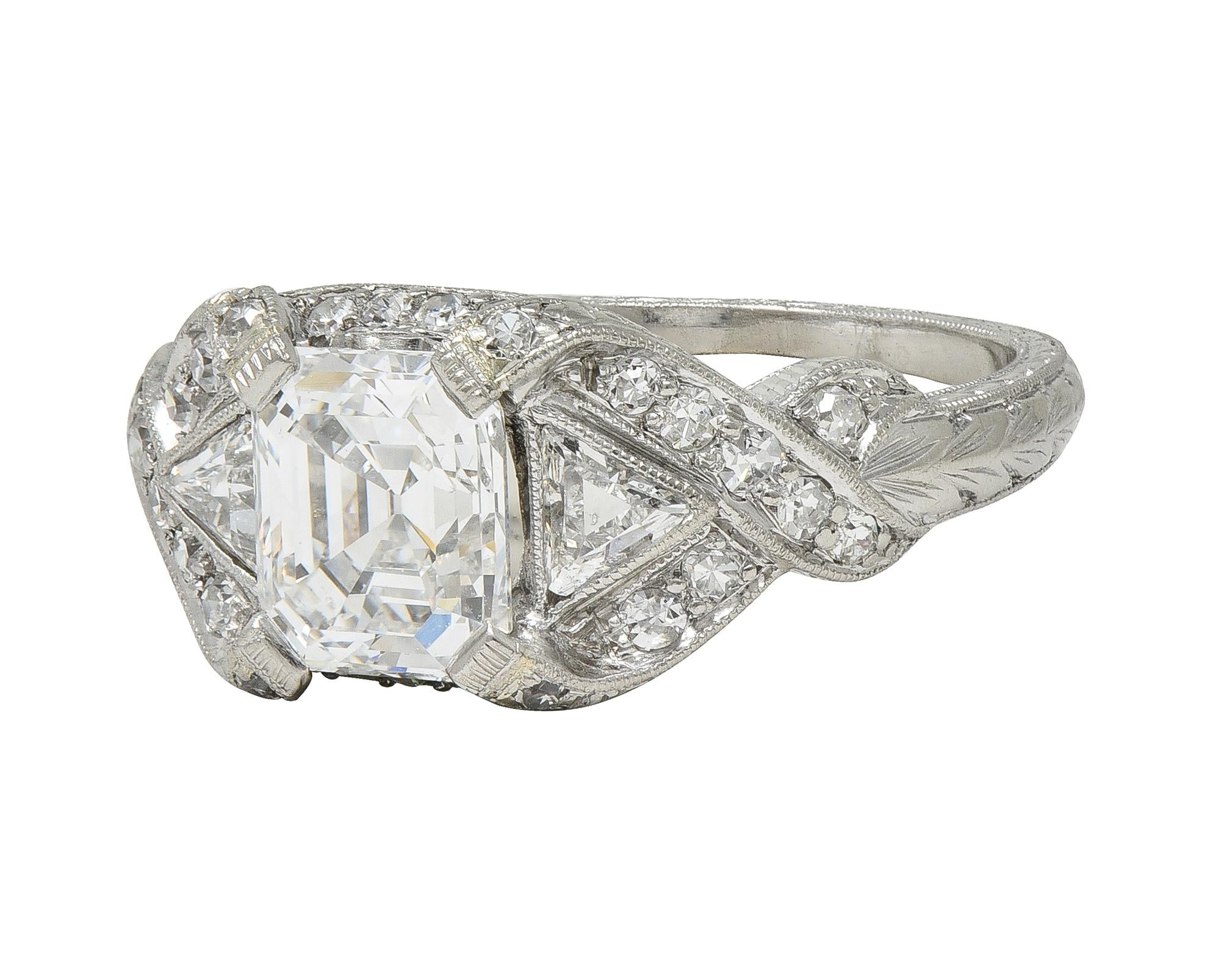 Art Deco 2.20 CTW Asscher Cut Diamond Platinum Vintage Wheat Engagement Ring