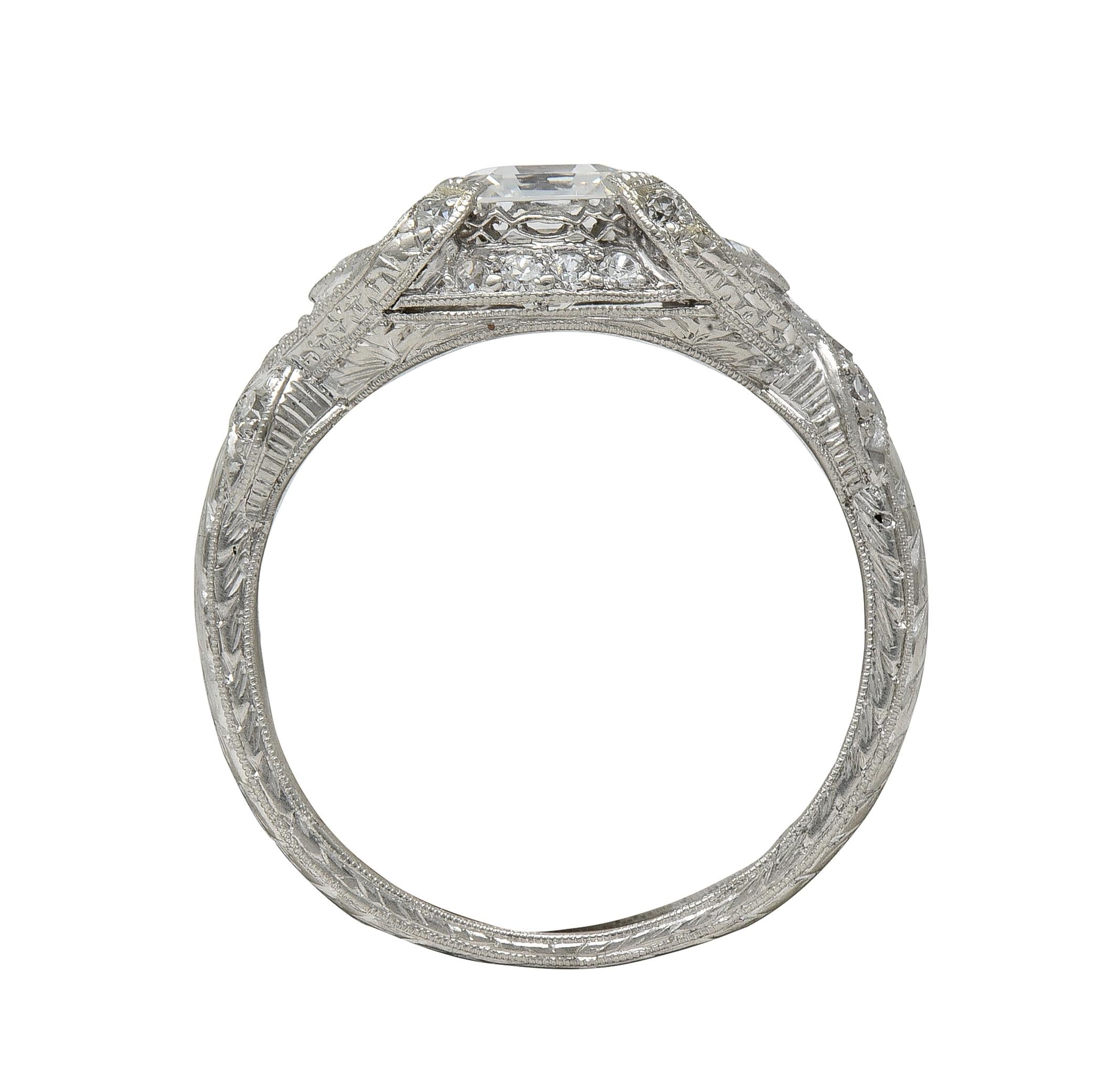 Art Deco 2.20 CTW Asscher Cut Diamond Platinum Vintage Wheat Engagement Ring