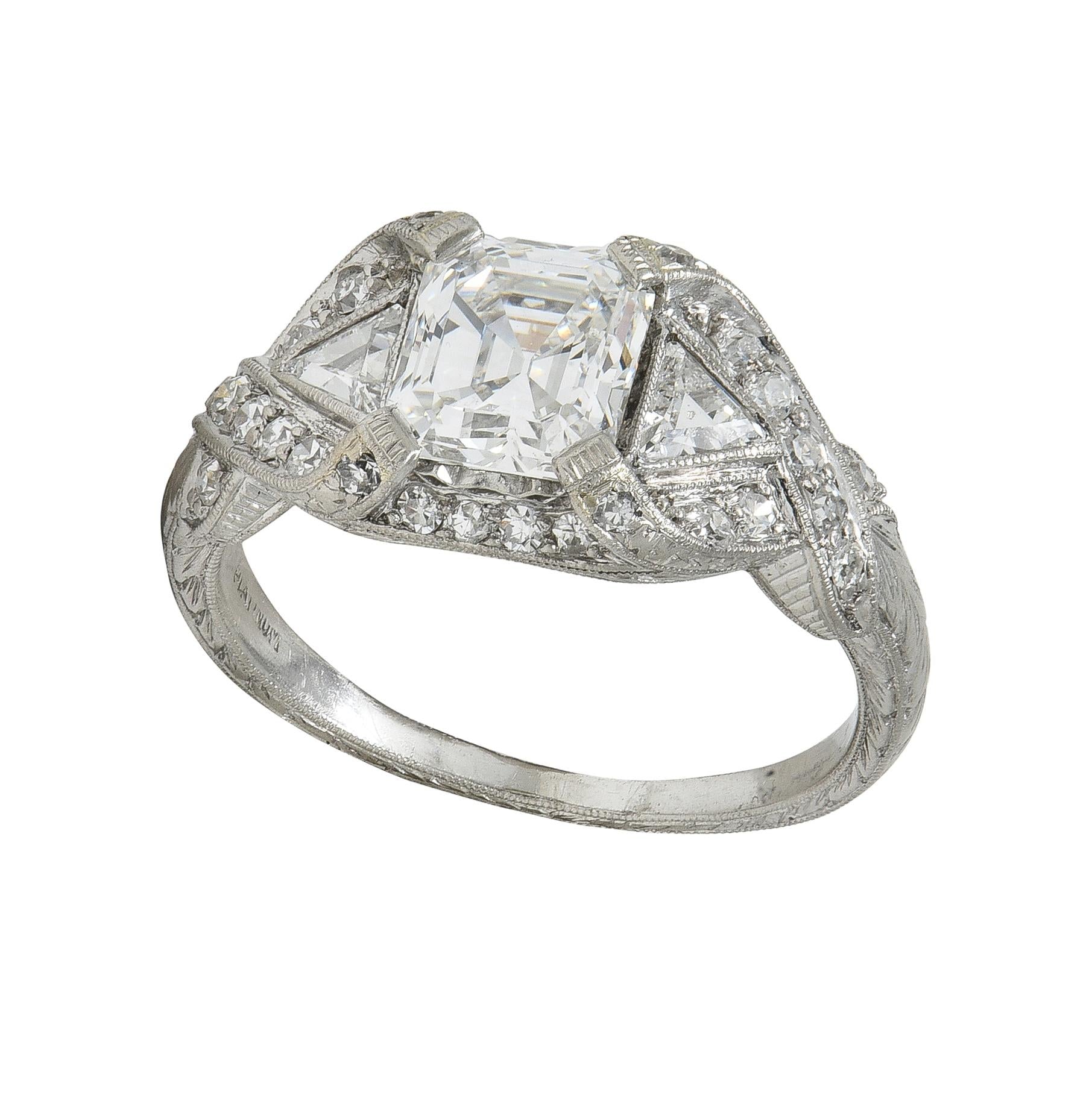 Art Deco 2.20 CTW Asscher Cut Diamond Platinum Vintage Wheat Engagement Ring