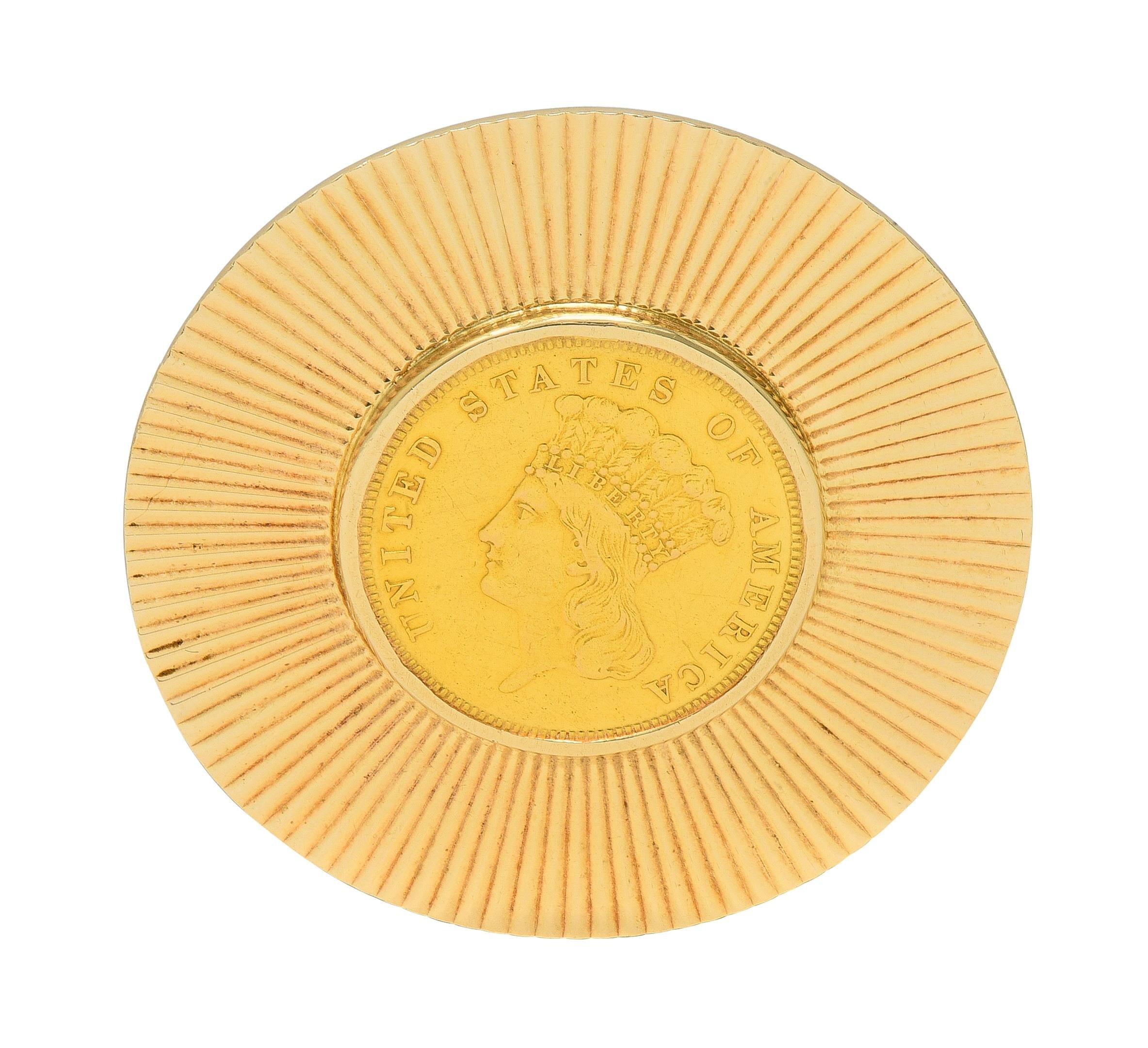 Tiffany & Co. Early 1900's 14K Gold 1855 US 3 Dollar Coin Antique Circle Brooch