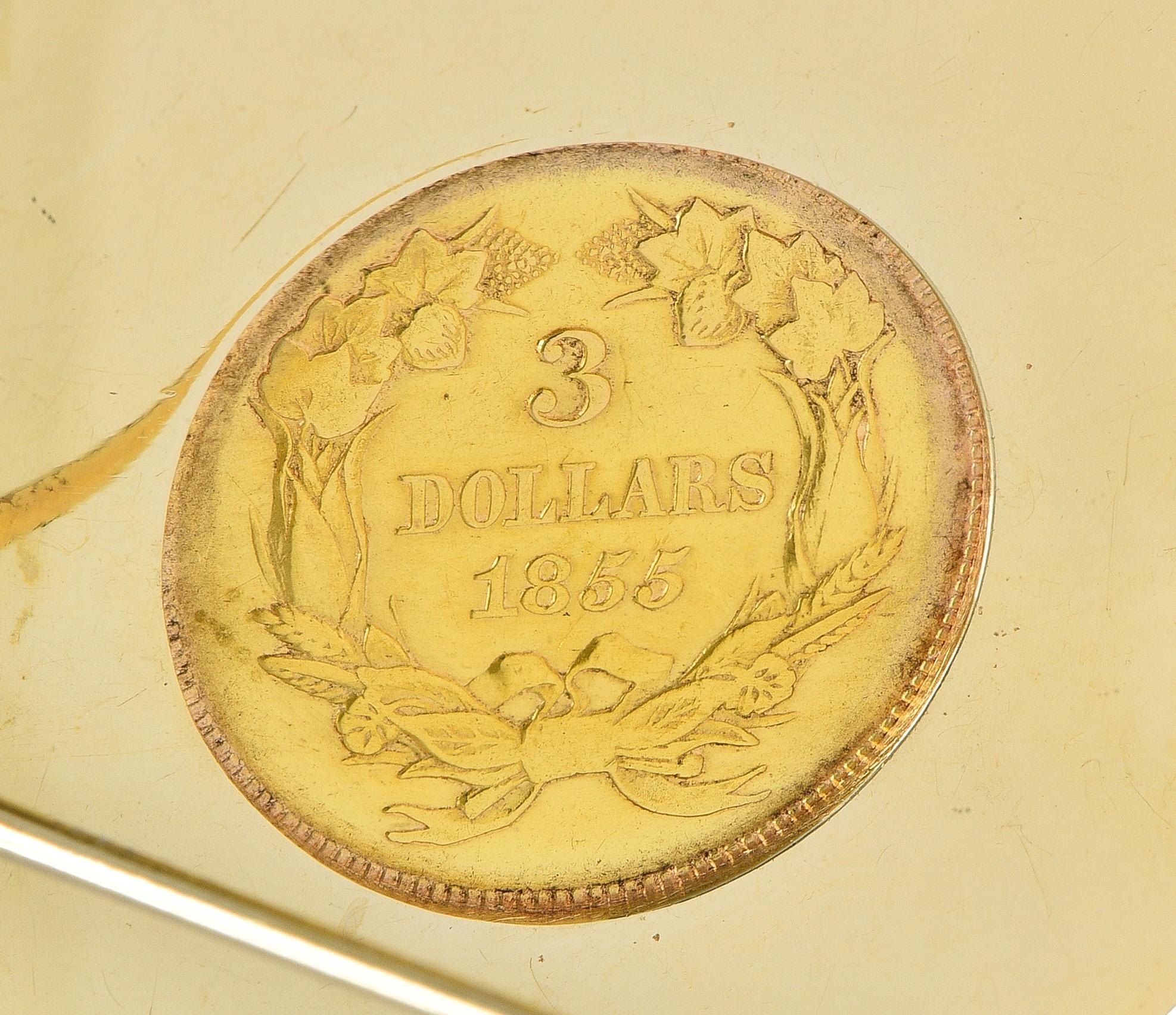 Tiffany & Co. Early 1900's 14K Gold 1855 US 3 Dollar Coin Antique Circle Brooch