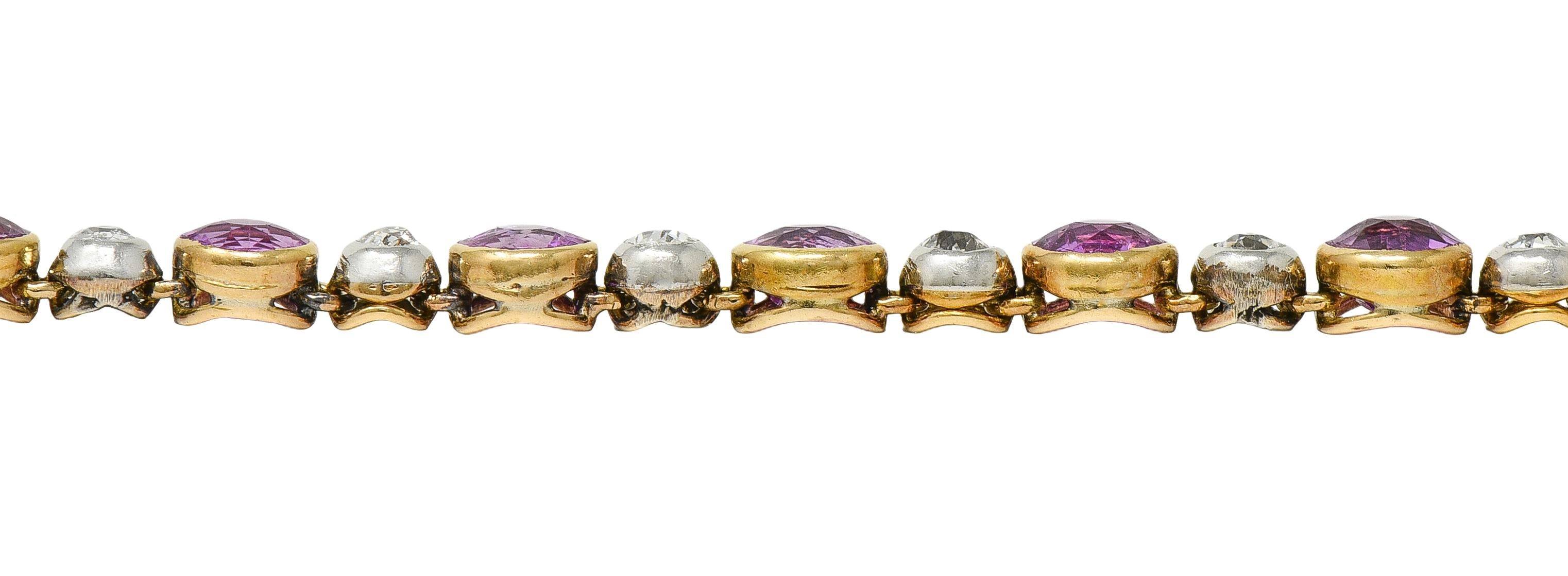 Edwardian Pink Sapphire Diamond Platinum 18K Yellow Gold Antique Line Bracelet