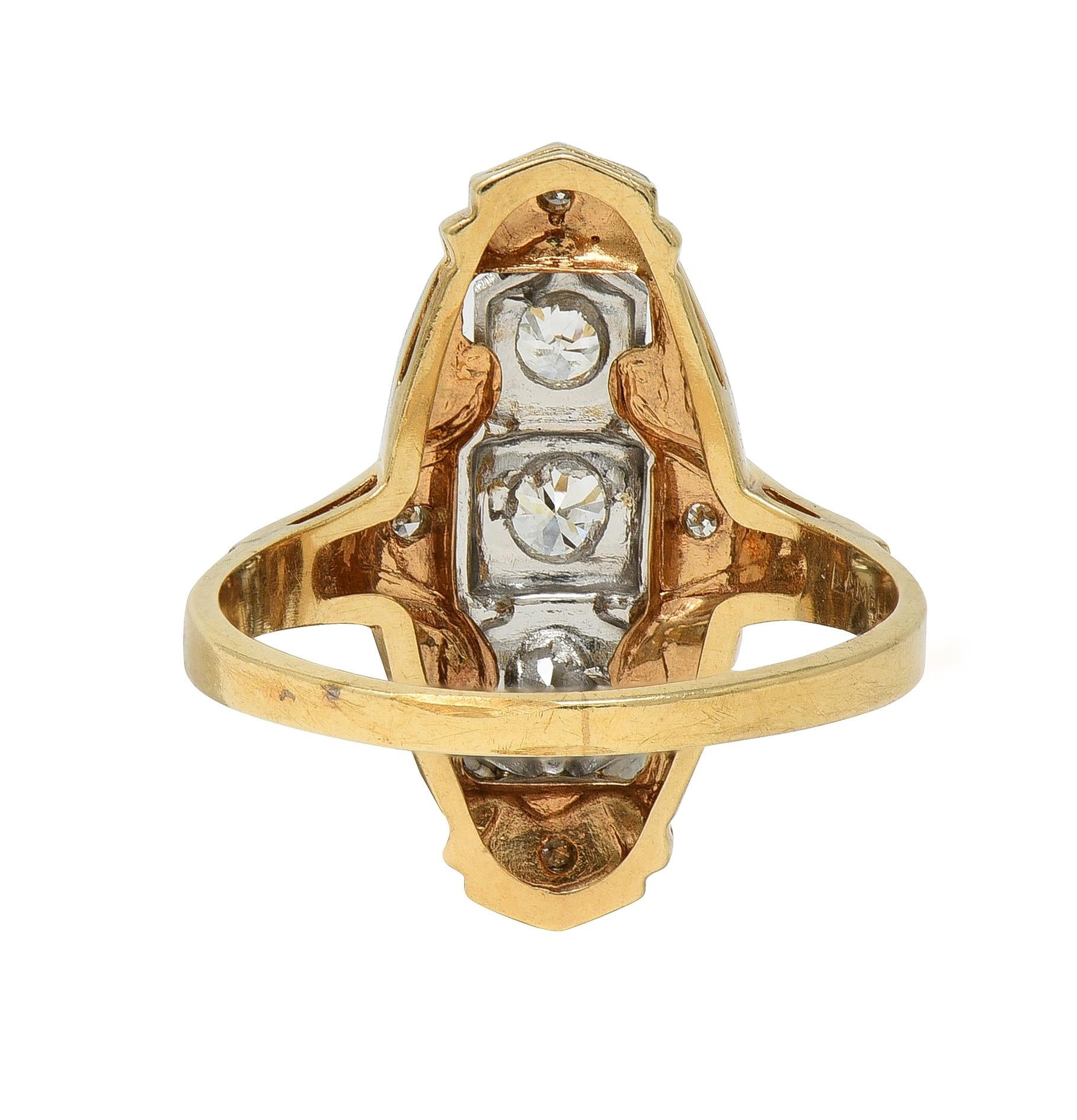 Art Deco Diamond Platinum 14 Karat Yellow Gold Vintage Navette Dinner Ring