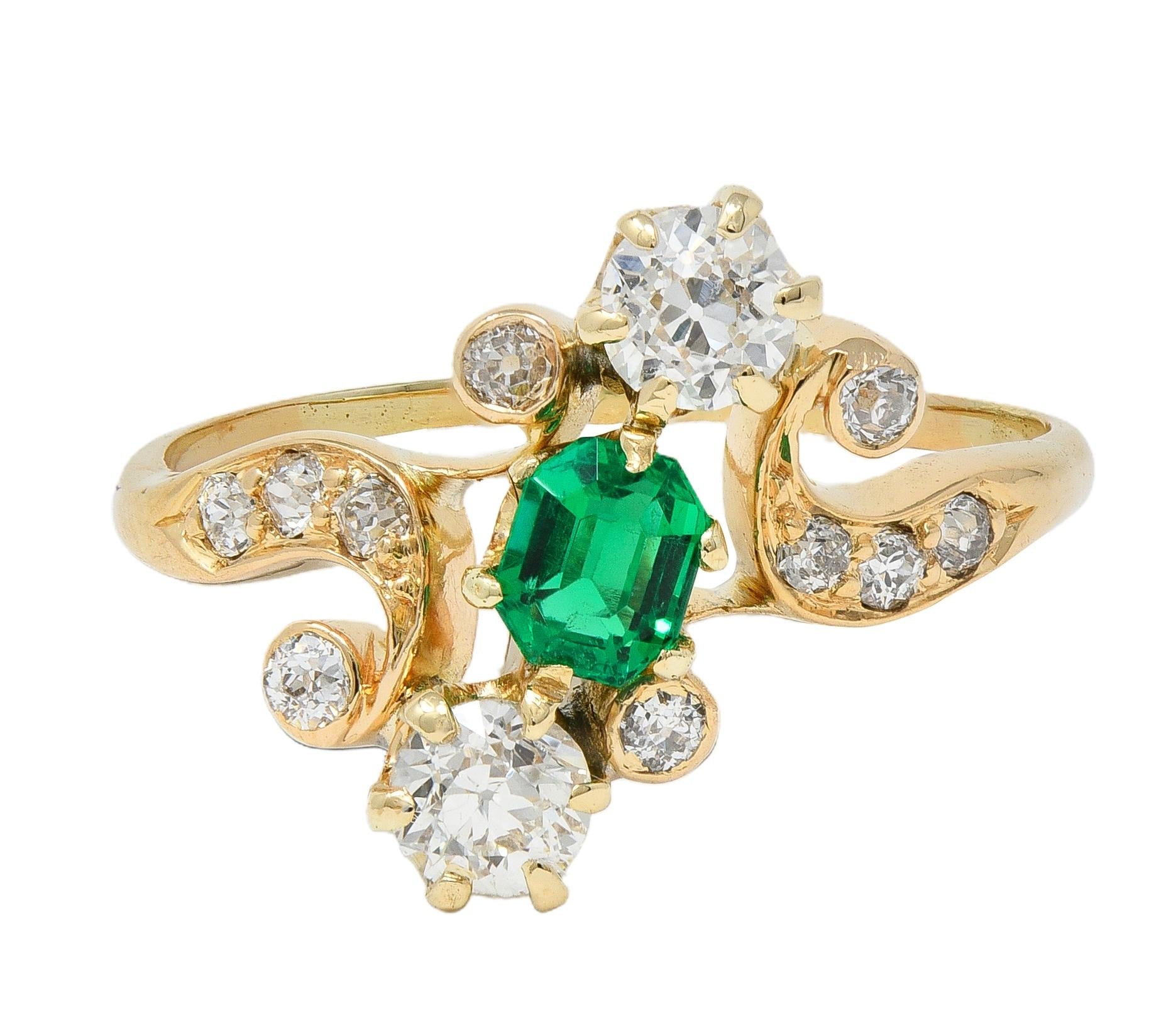 Victorian 0.84 CTW Emerald Diamond 18 Karat Yellow Gold Antique Bypass Ring