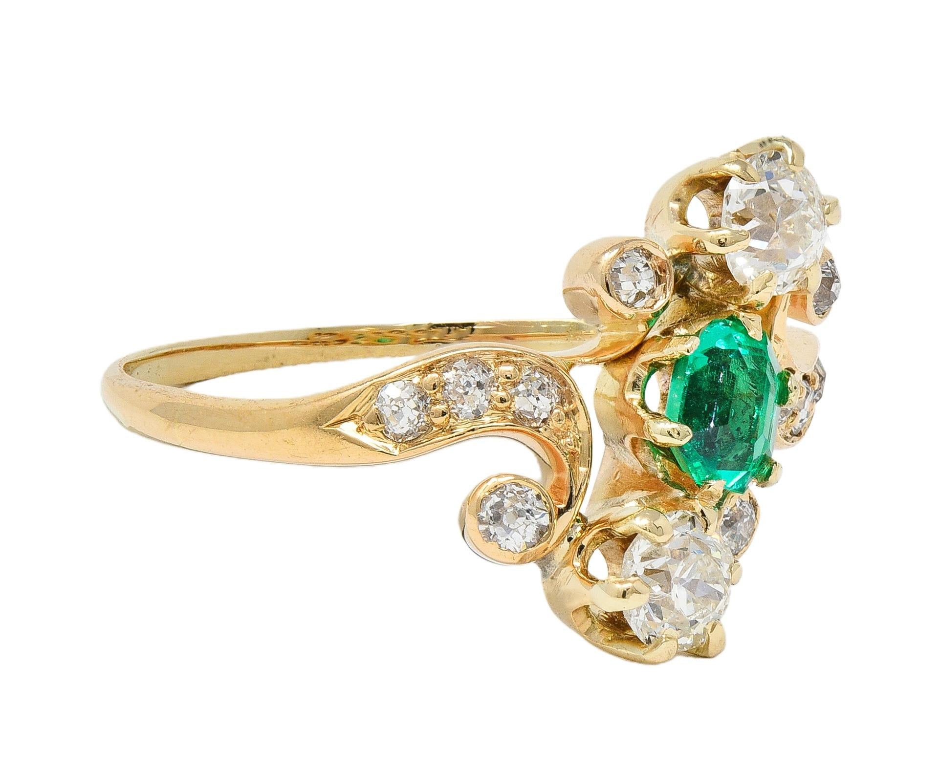 Victorian 0.84 CTW Emerald Diamond 18 Karat Yellow Gold Antique Bypass Ring