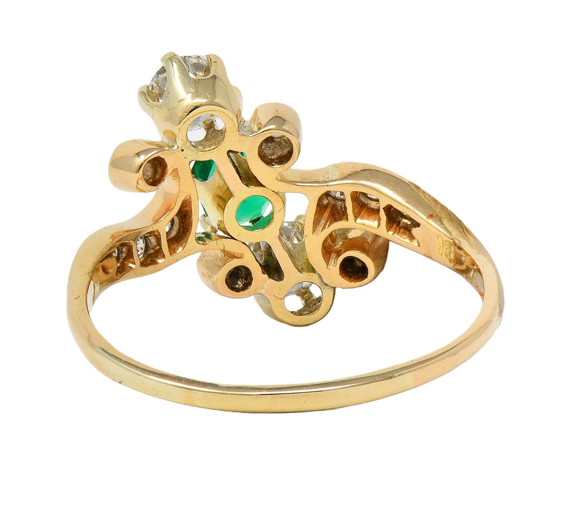 Victorian 0.84 CTW Emerald Diamond 18 Karat Yellow Gold Antique Bypass Ring
