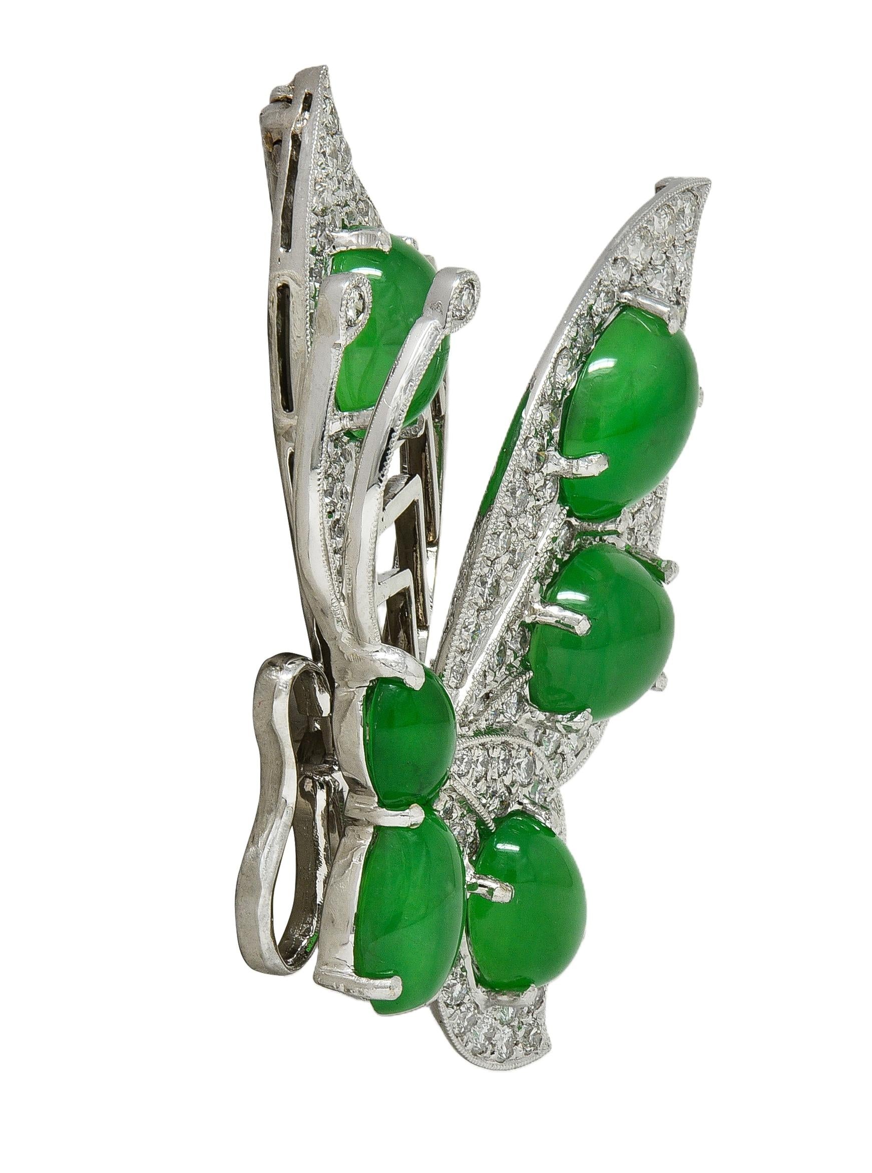 Contemporary 1.60 CTW Diamond Jade 18K White Gold En Tremblant Butterfly Brooch