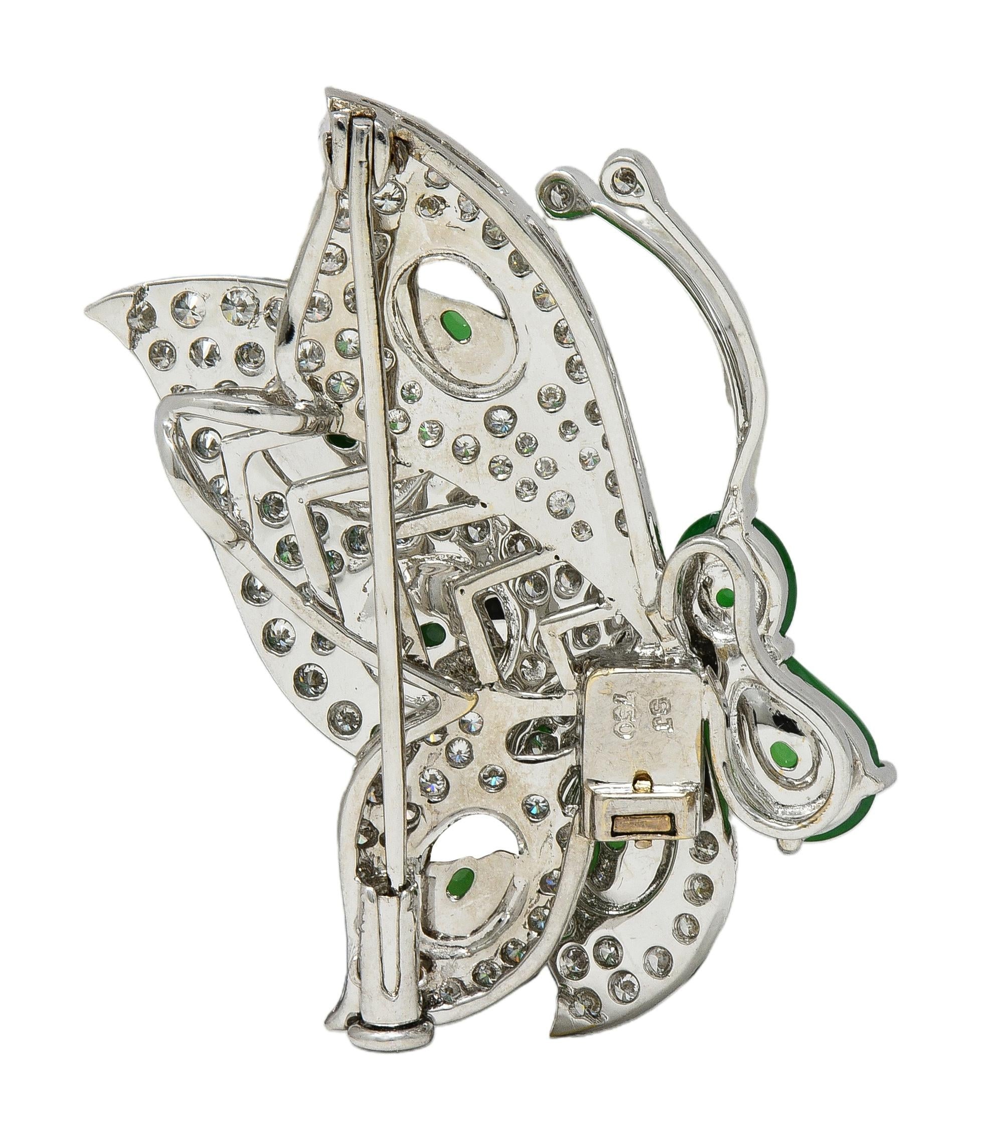 Contemporary 1.60 CTW Diamond Jade 18K White Gold En Tremblant Butterfly Brooch