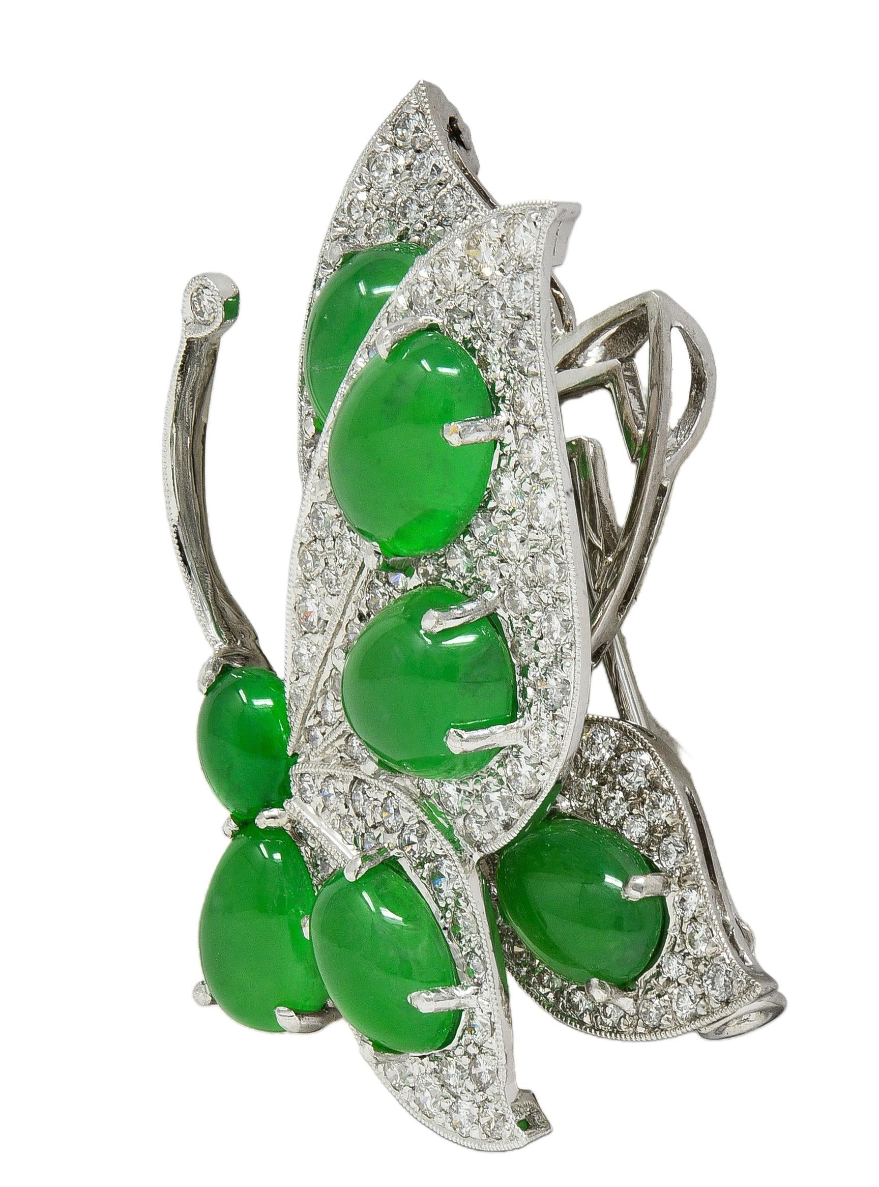 Contemporary 1.60 CTW Diamond Jade 18K White Gold En Tremblant Butterfly Brooch