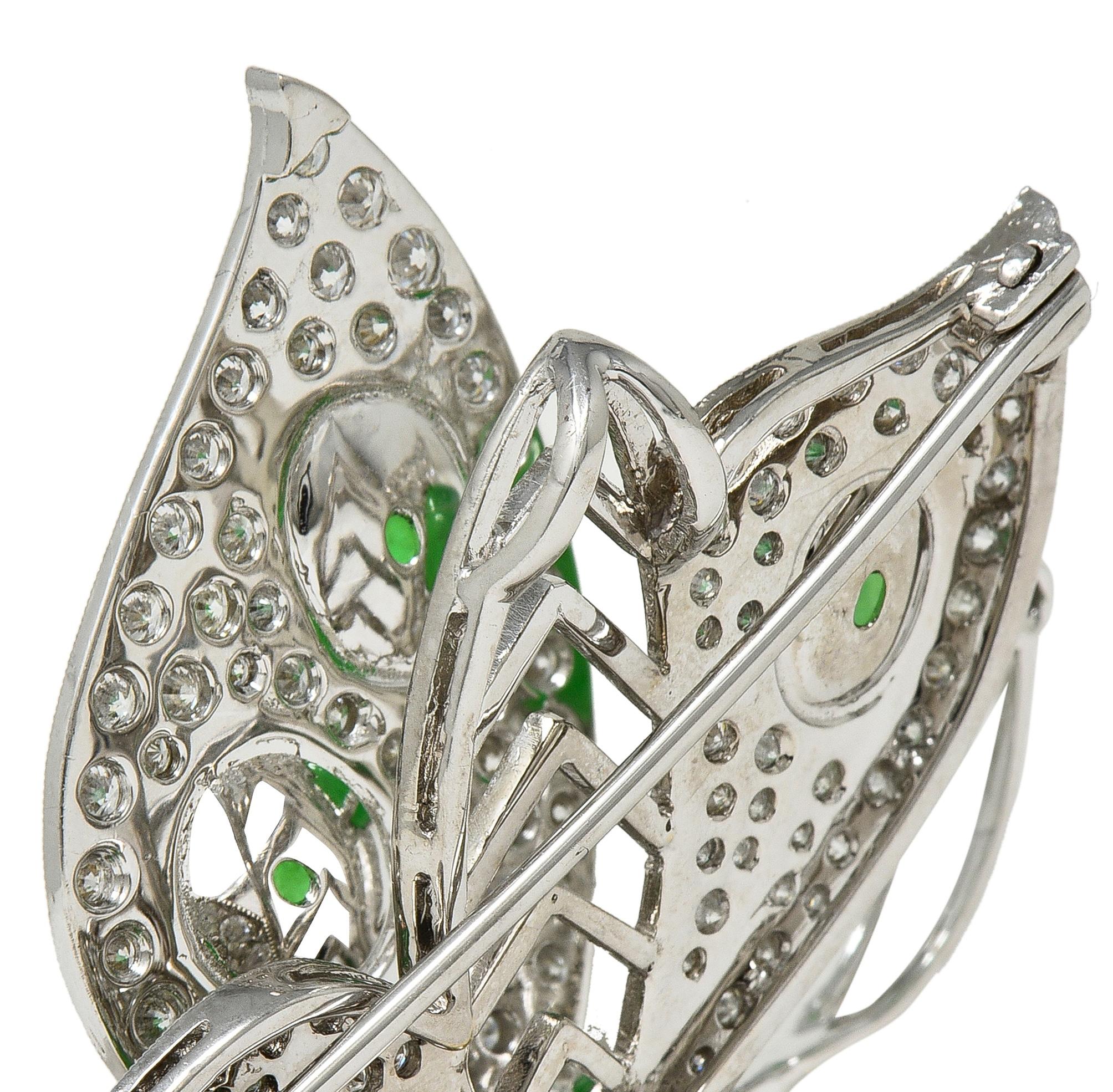 Contemporary 1.60 CTW Diamond Jade 18K White Gold En Tremblant Butterfly Brooch