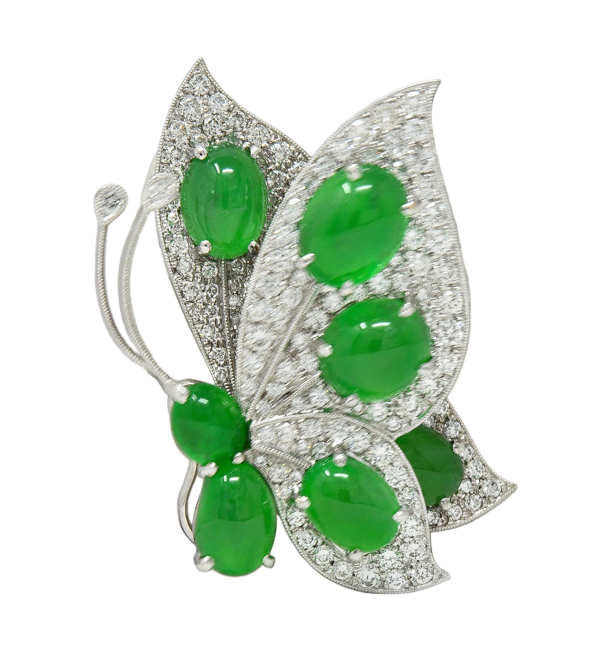 Contemporary 1.60 CTW Diamond Jade 18K White Gold En Tremblant Butterfly Brooch