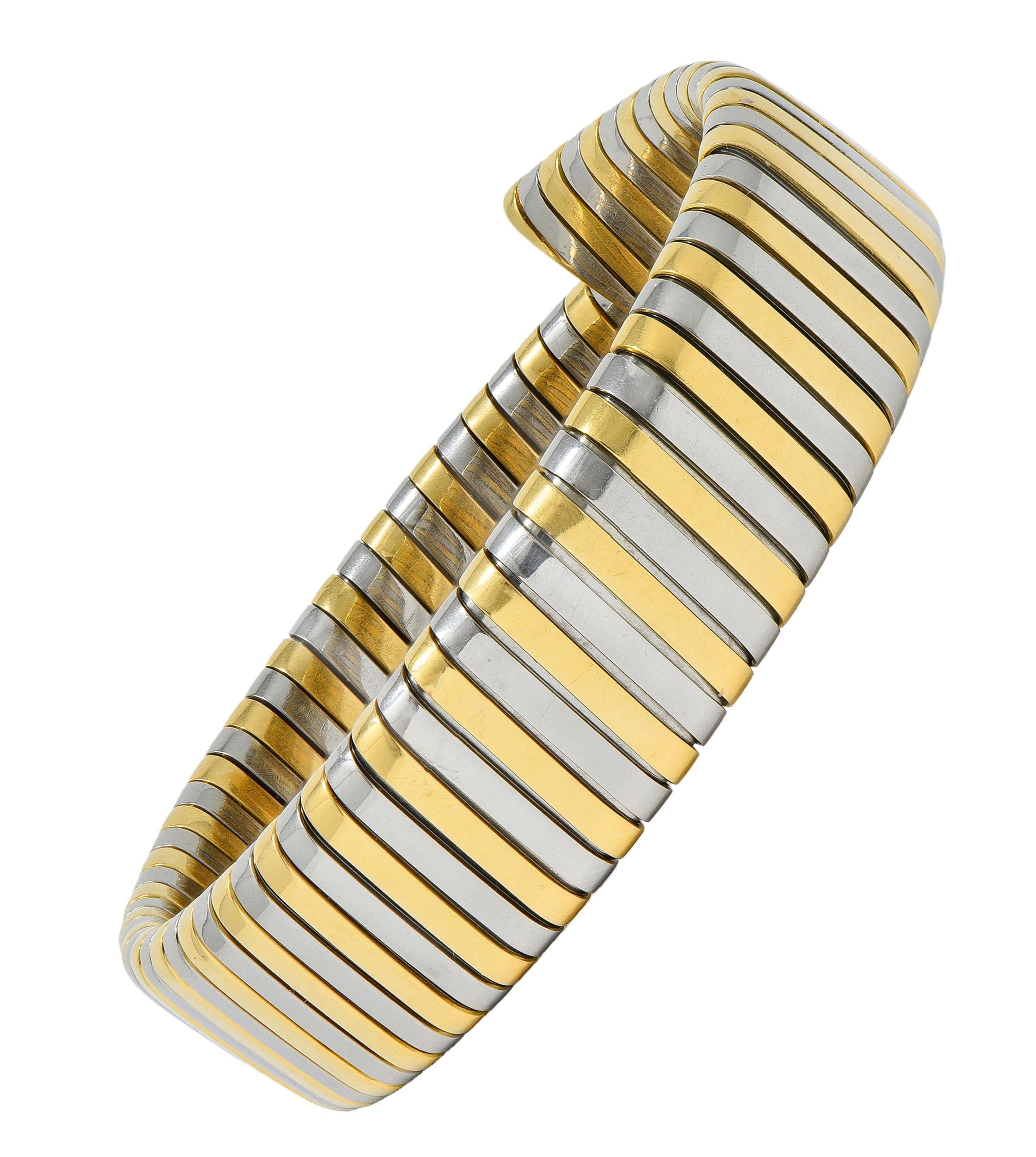 Bulgari 1990's 18K Yellow Gold Stainless Steel Tubogas Vintage Cuff Bracelet