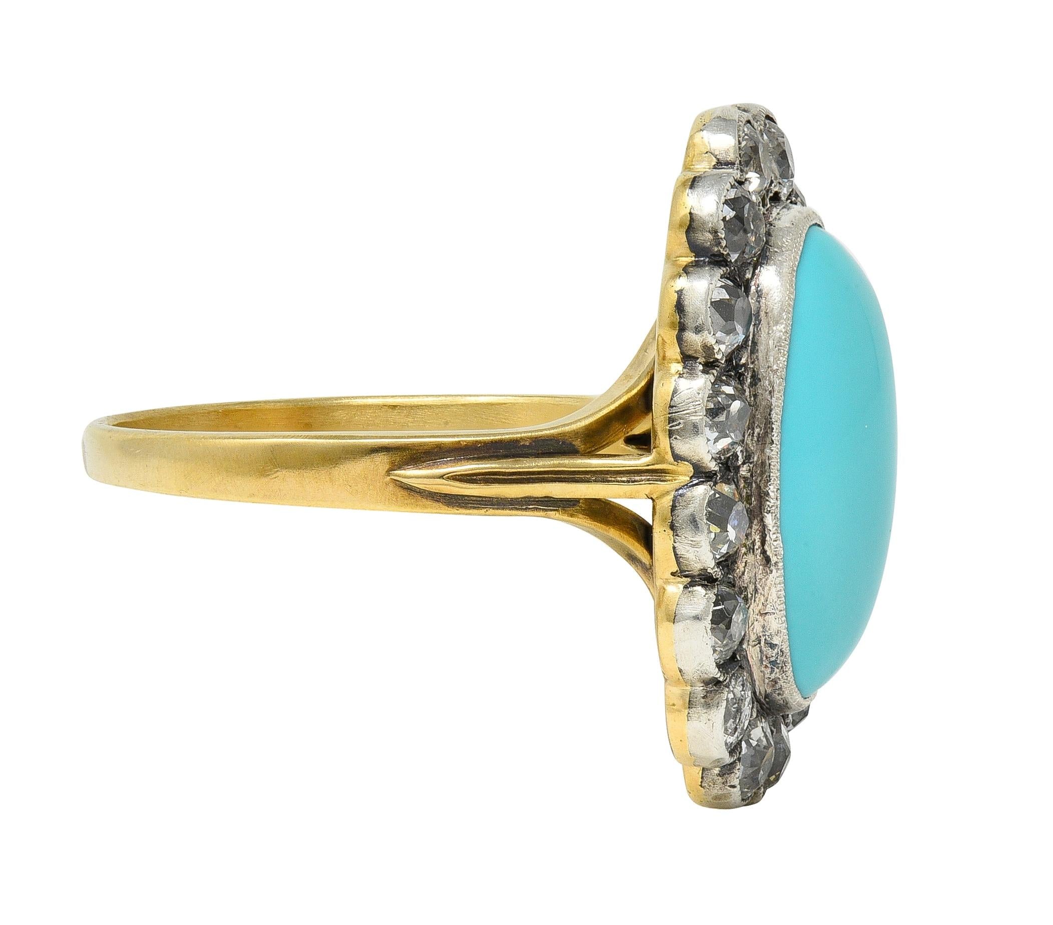 Early Victorian Diamond Turquoise Silver 14 Karat Yellow Gold Antique Halo Ring