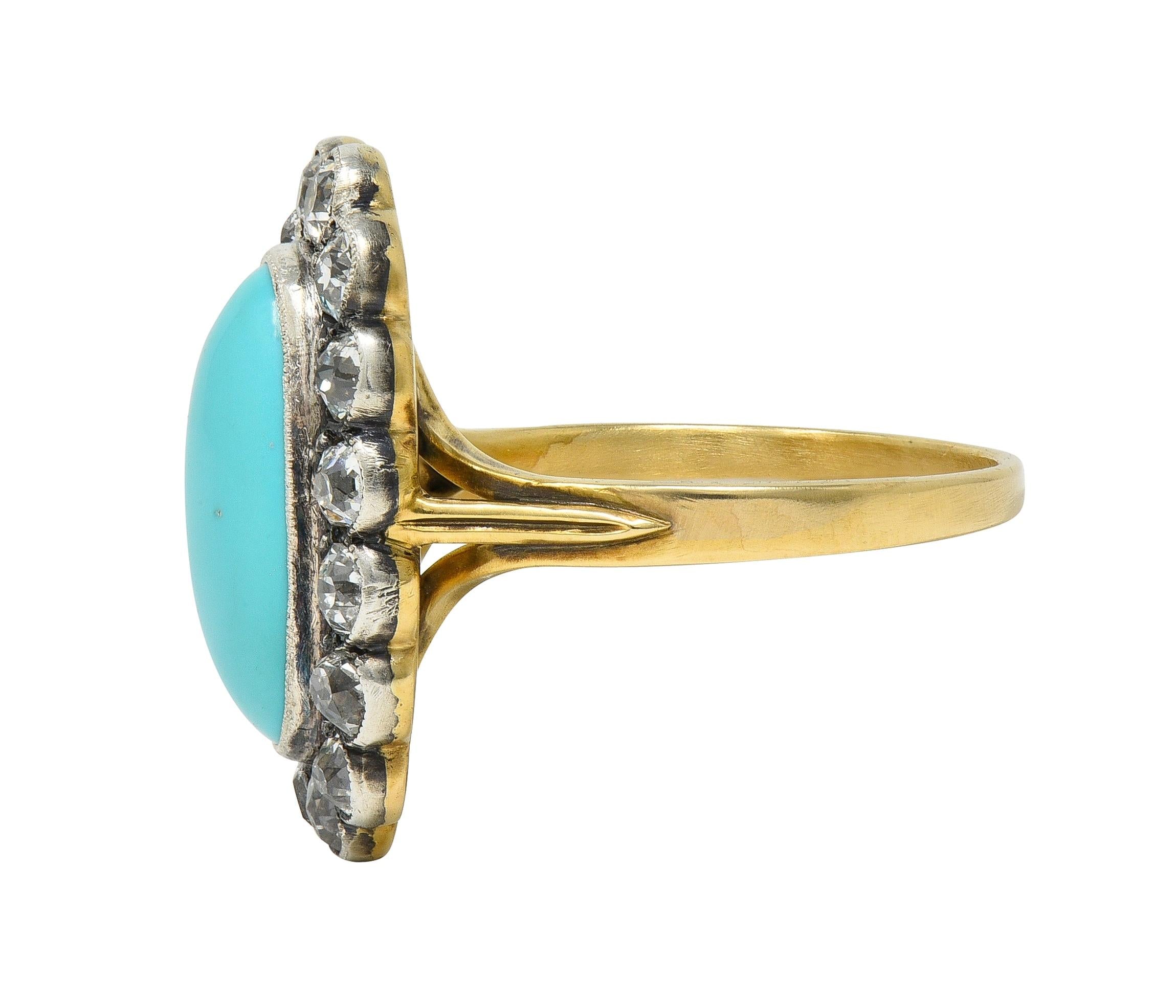 Early Victorian Diamond Turquoise Silver 14 Karat Yellow Gold Antique Halo Ring