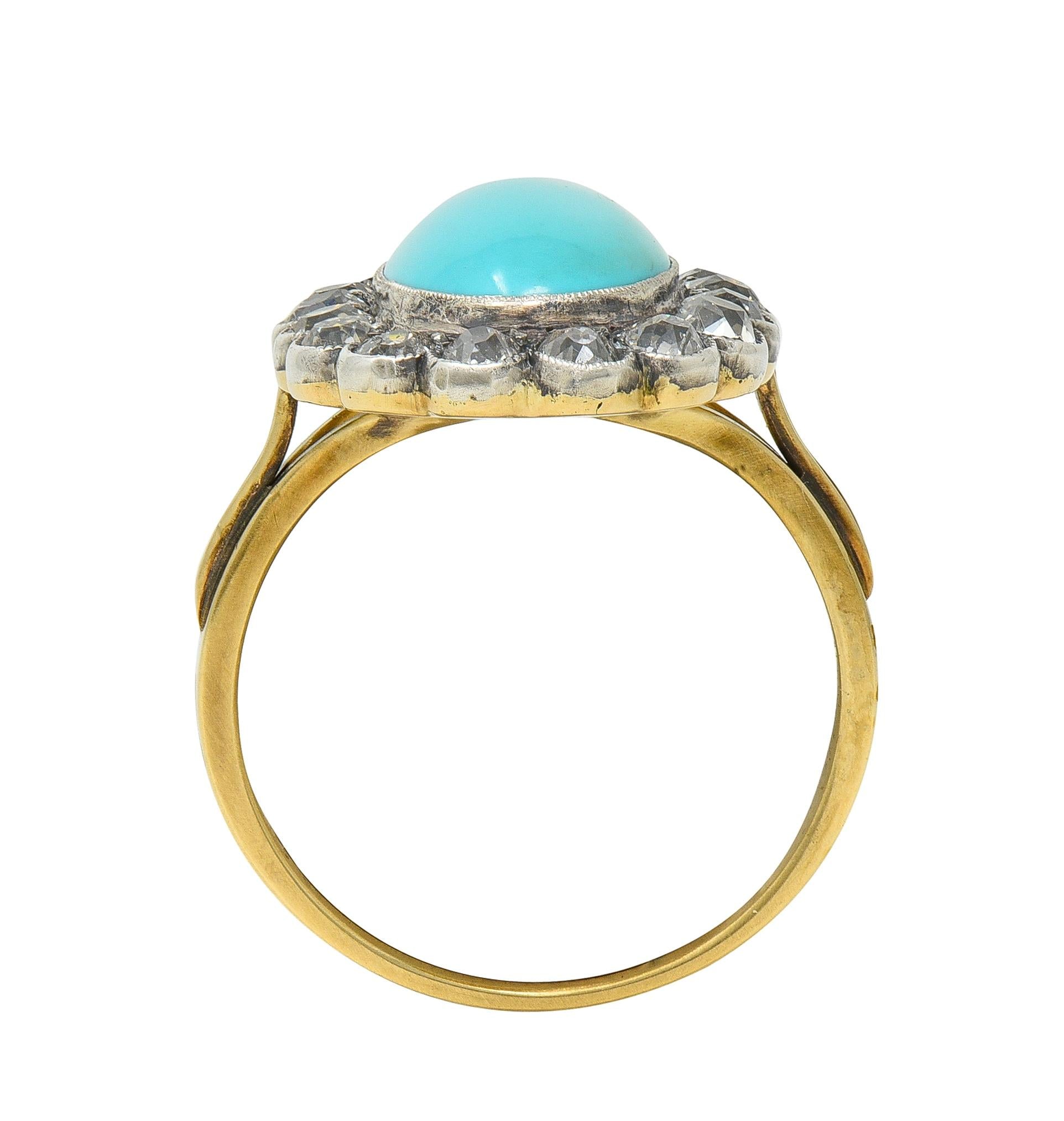 Early Victorian Diamond Turquoise Silver 14 Karat Yellow Gold Antique Halo Ring