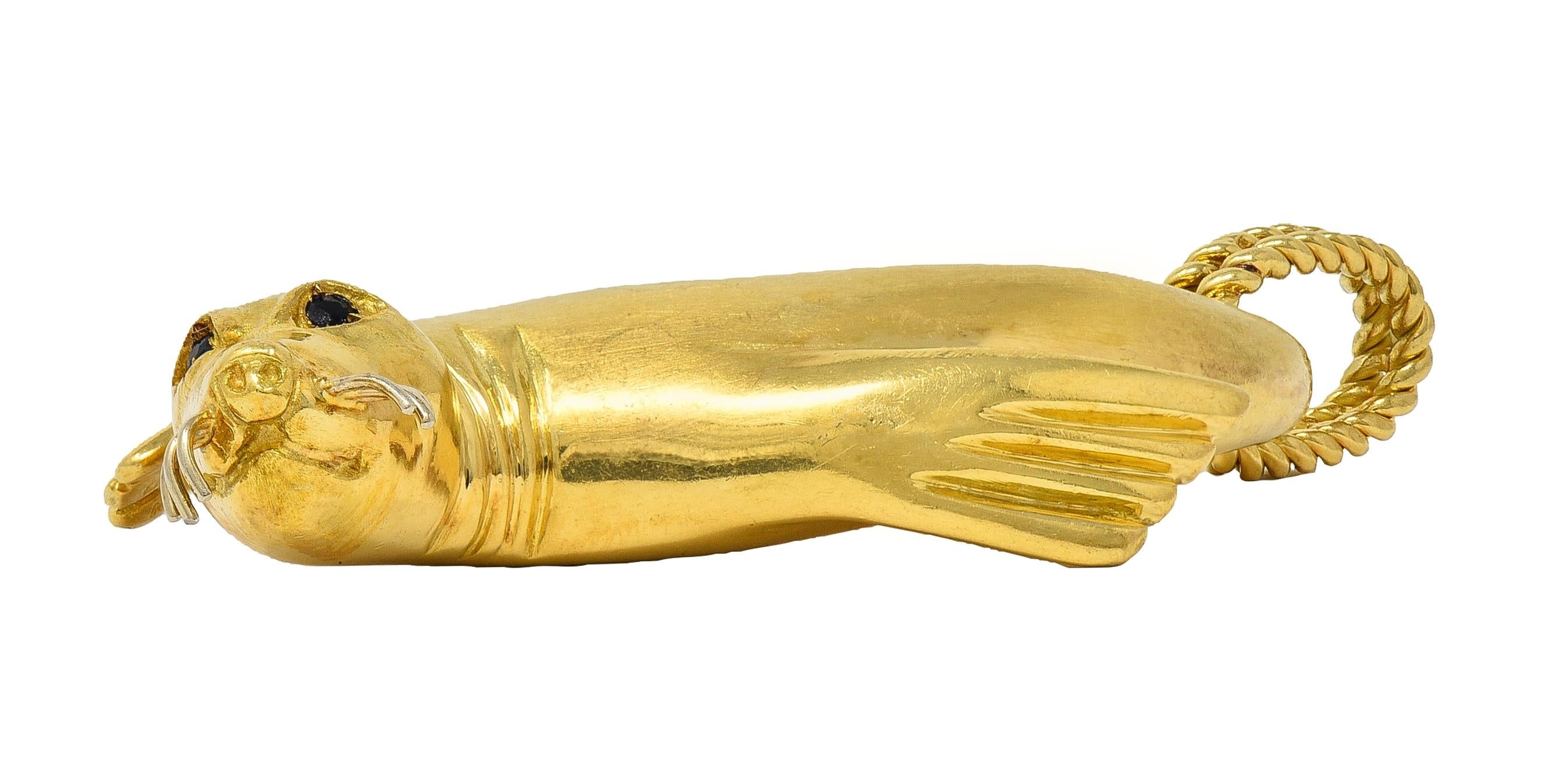 Gucci 1980's Sapphire 18 Karat Two-Tone Gold Vintage Seal Animal Pendant