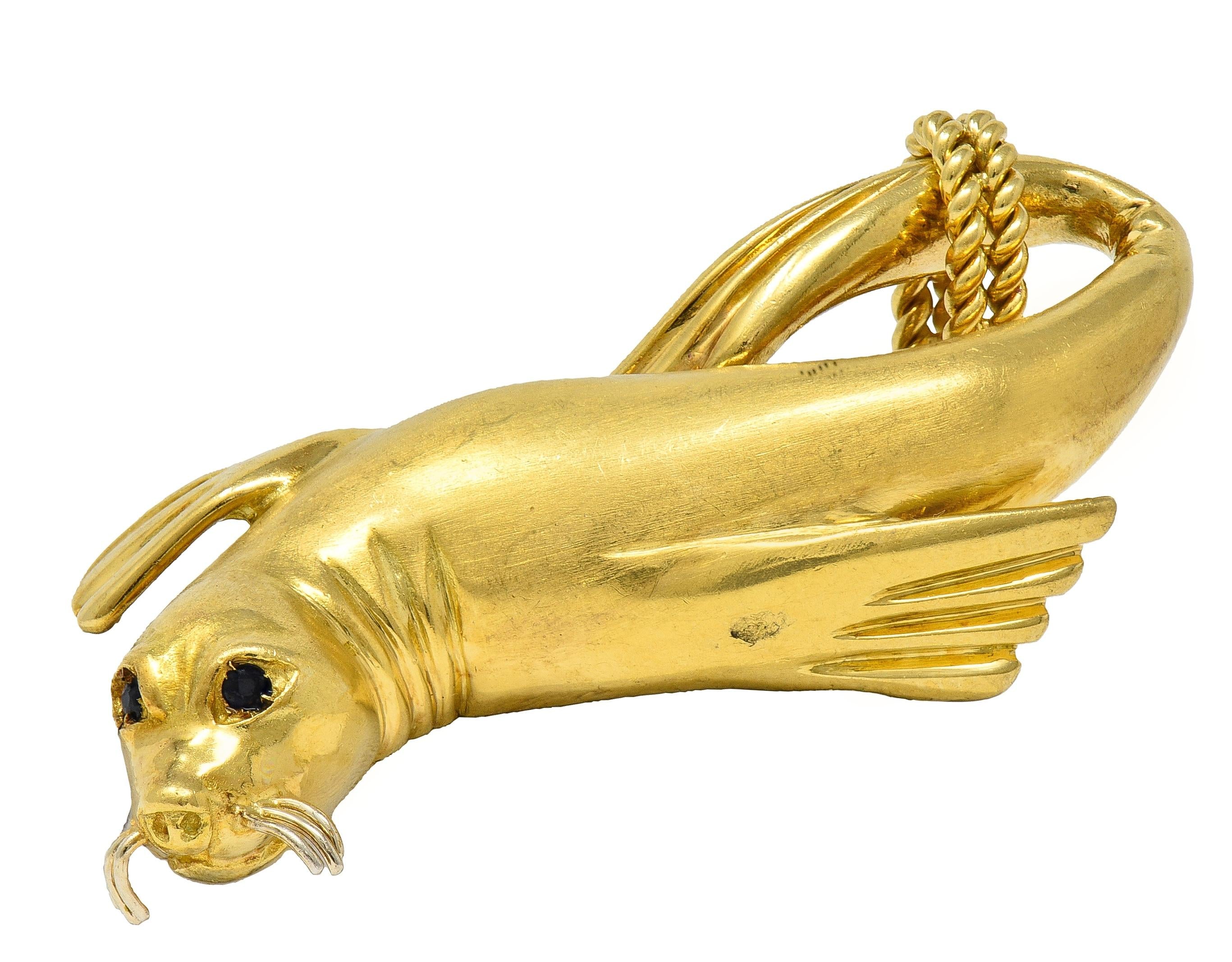 Gucci 1980's Sapphire 18 Karat Two-Tone Gold Vintage Seal Animal Pendant