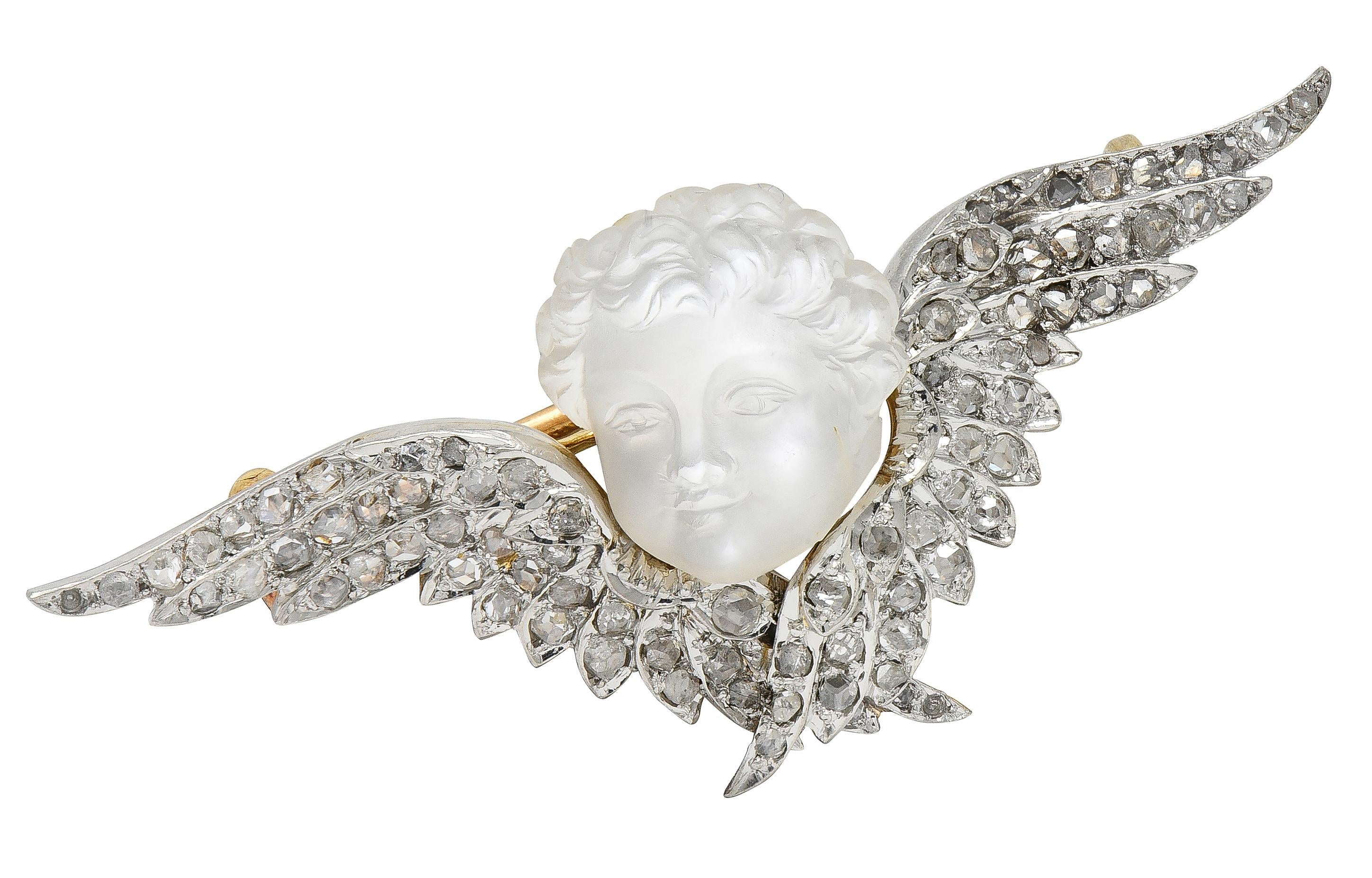 Victorian French Diamond Carved Moonstone Silver 18K Gold Antique Cherub Brooch