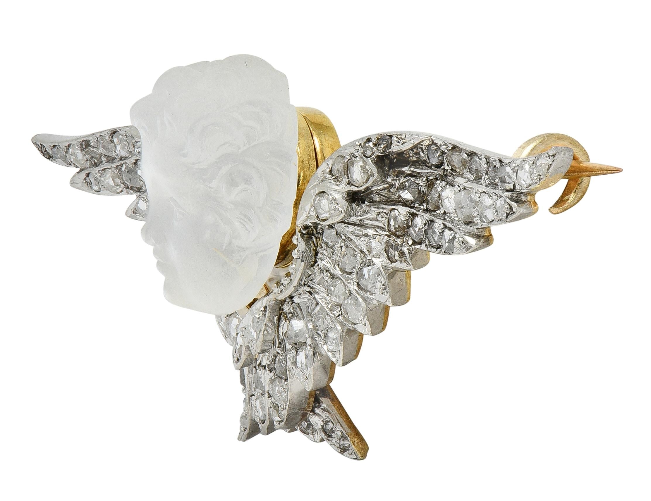 Victorian French Diamond Carved Moonstone Silver 18K Gold Antique Cherub Brooch