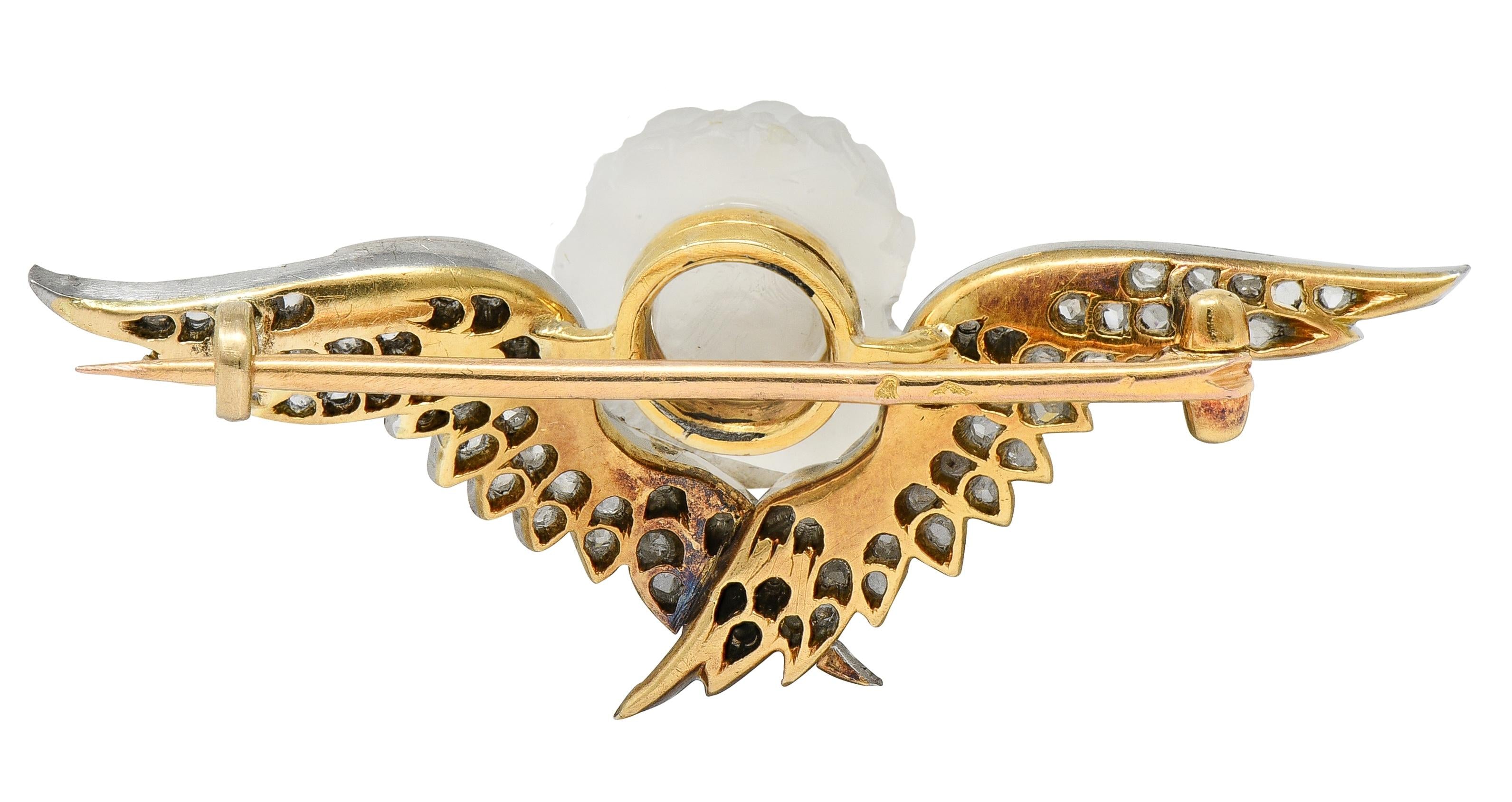 Victorian French Diamond Carved Moonstone Silver 18K Gold Antique Cherub Brooch