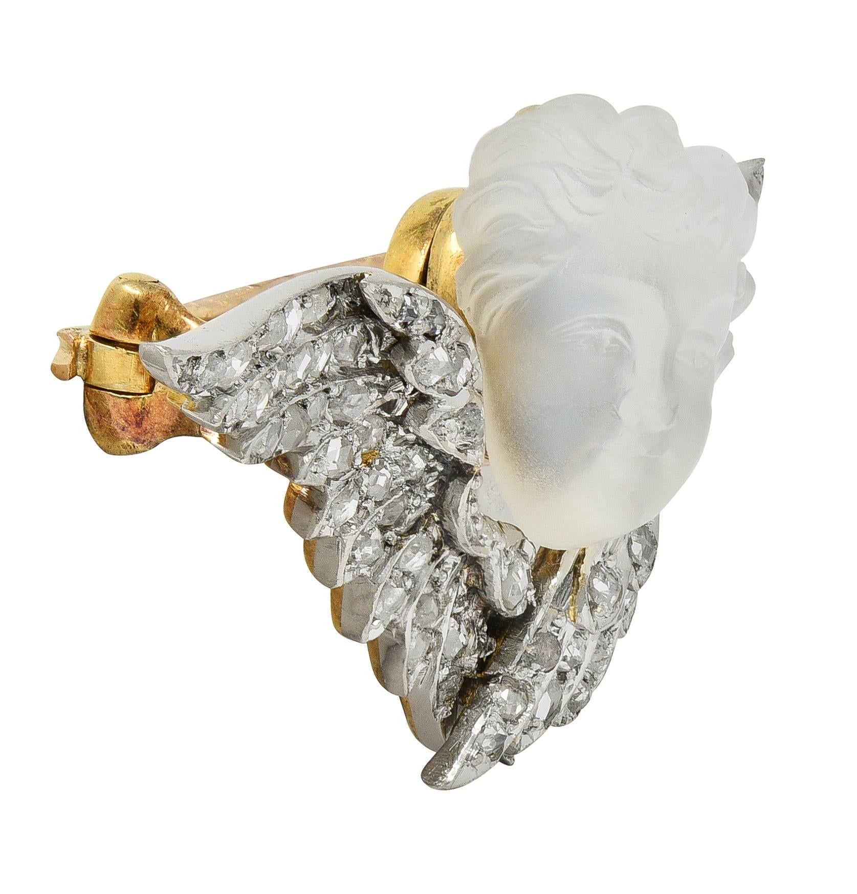 Victorian French Diamond Carved Moonstone Silver 18K Gold Antique Cherub Brooch