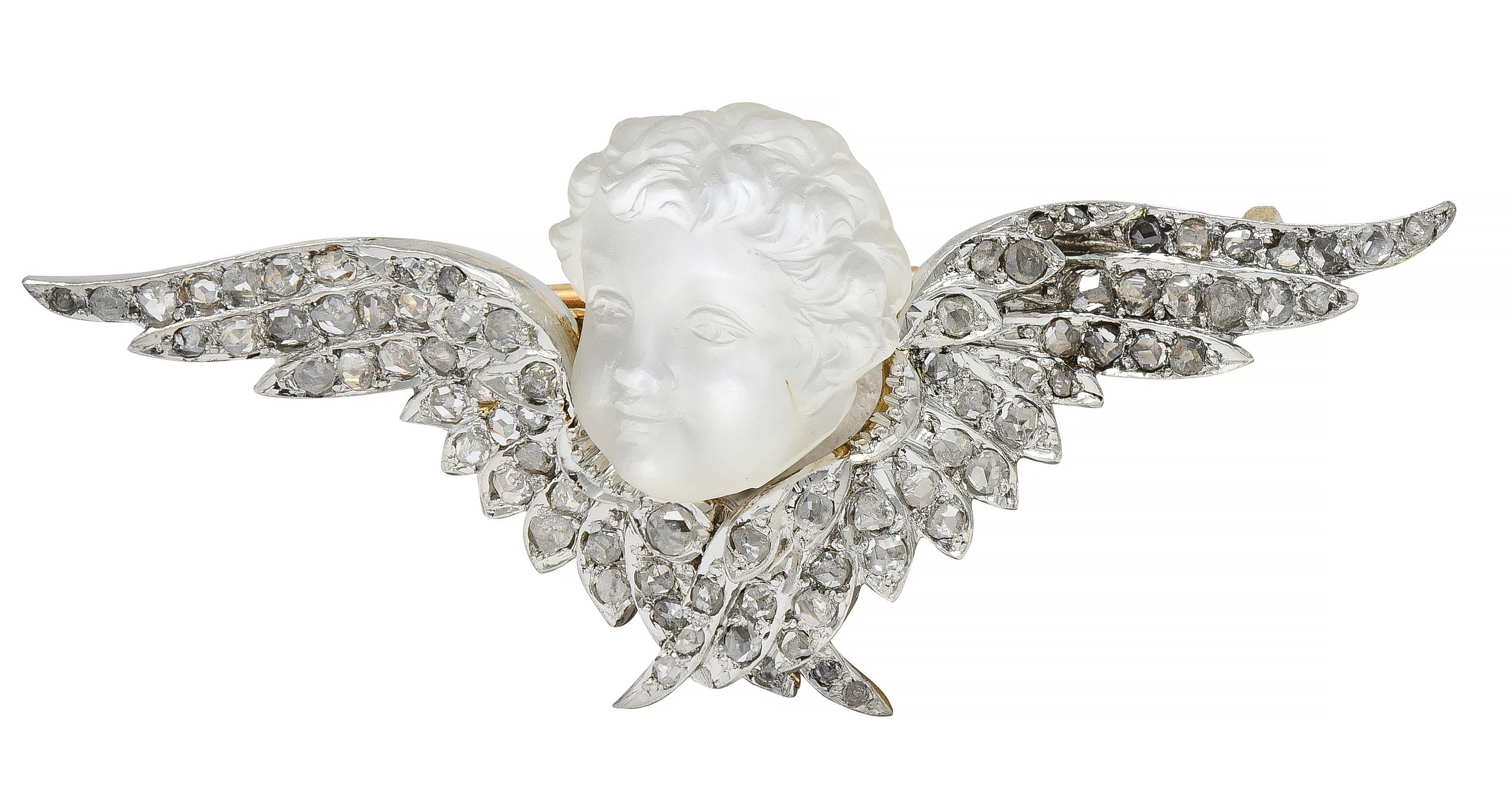Victorian French Diamond Carved Moonstone Silver 18K Gold Antique Cherub Brooch