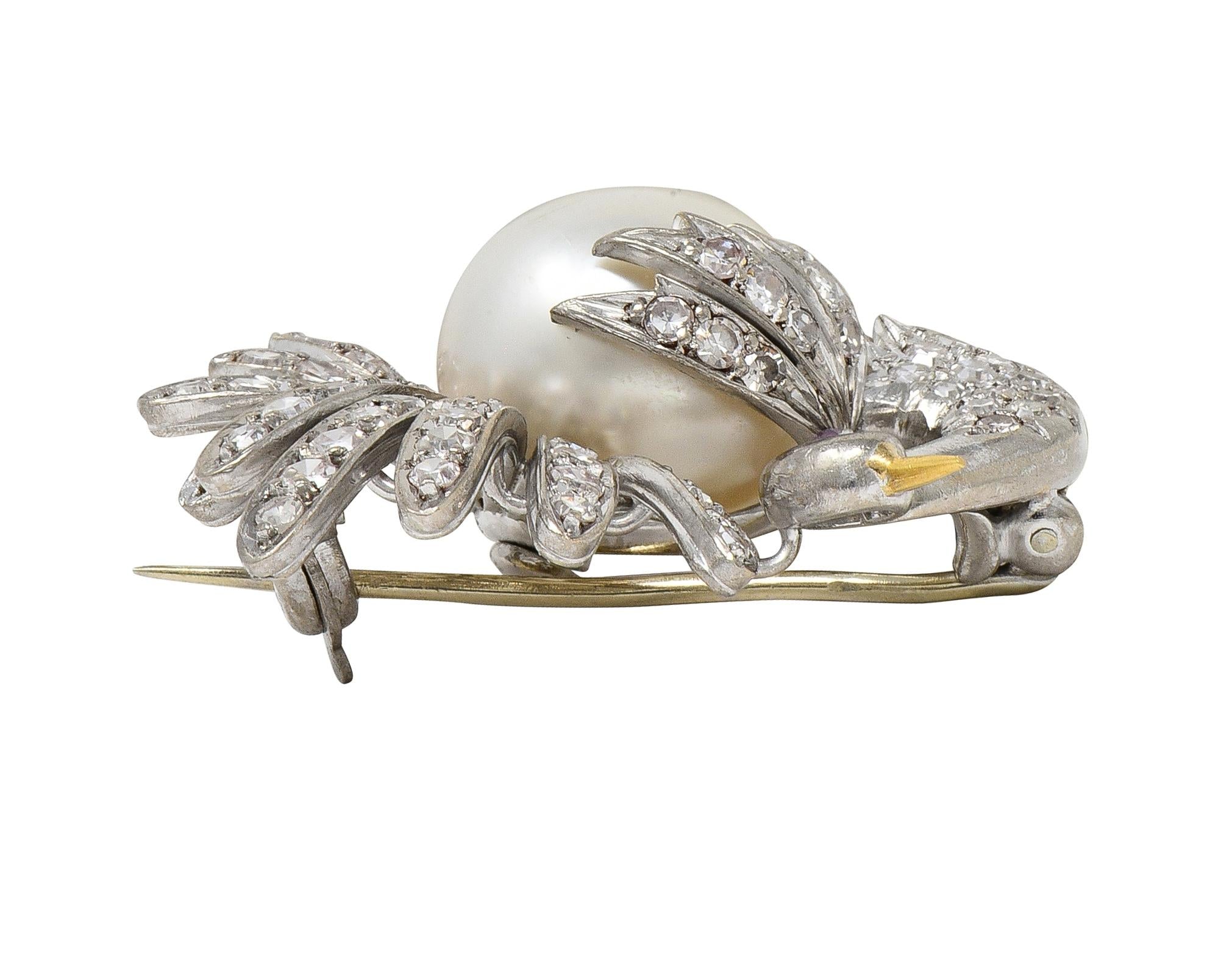 French Pearl Diamond 18 Karat Two-Tone Gold Vintage Turkey Brooch