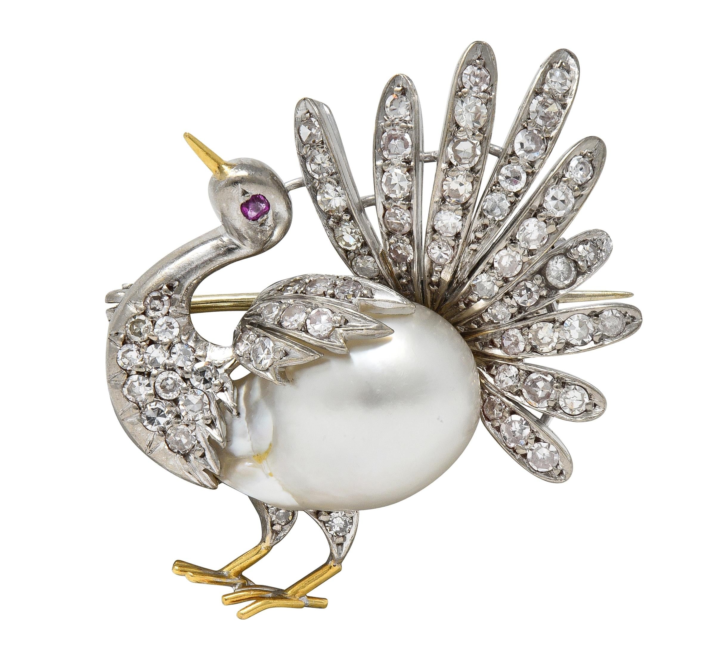 French Pearl Diamond 18 Karat Two-Tone Gold Vintage Turkey Brooch