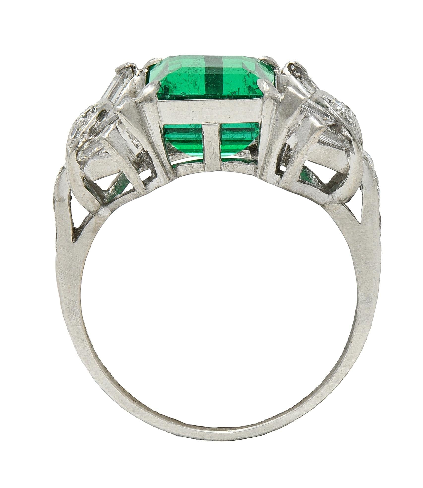 Mid-Century Colombian Emerald Diamond Platinum Vintage Buckle Cocktail Ring AGL