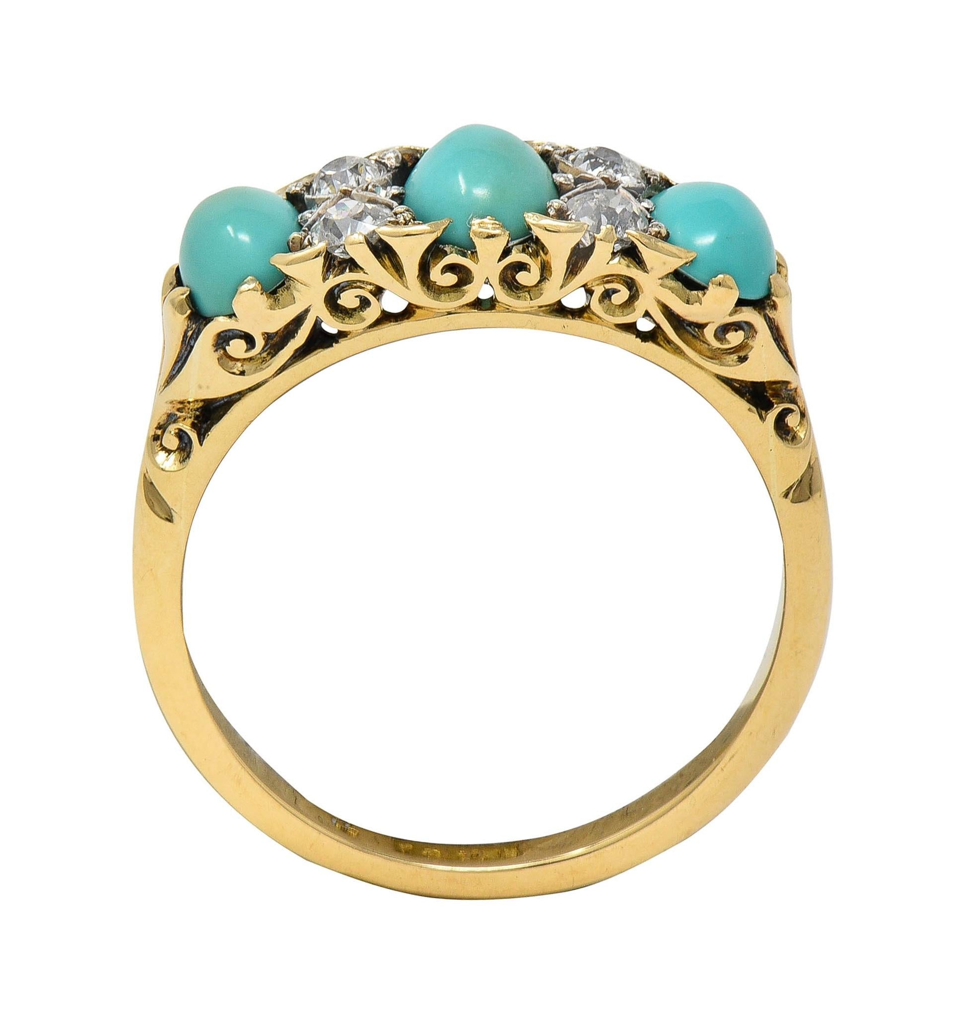 Art Nouveau Turquoise Diamond Platinum 18K Gold Antique Three Stone Band Ring