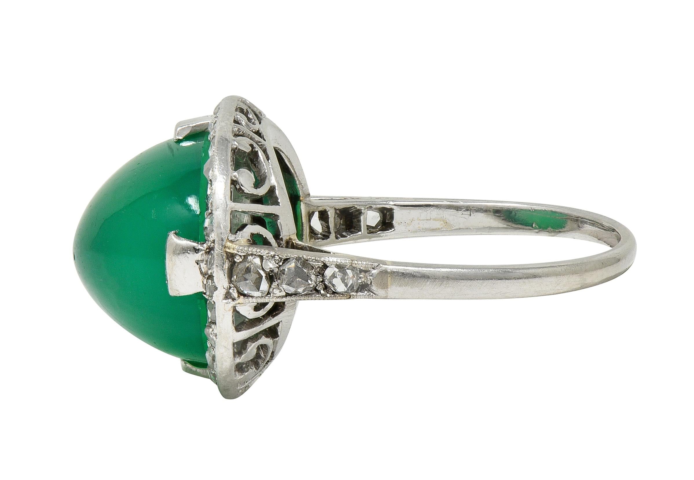 Art Deco Chrysoprase Diamond Platinum Vintage Scrolling Halo Ring