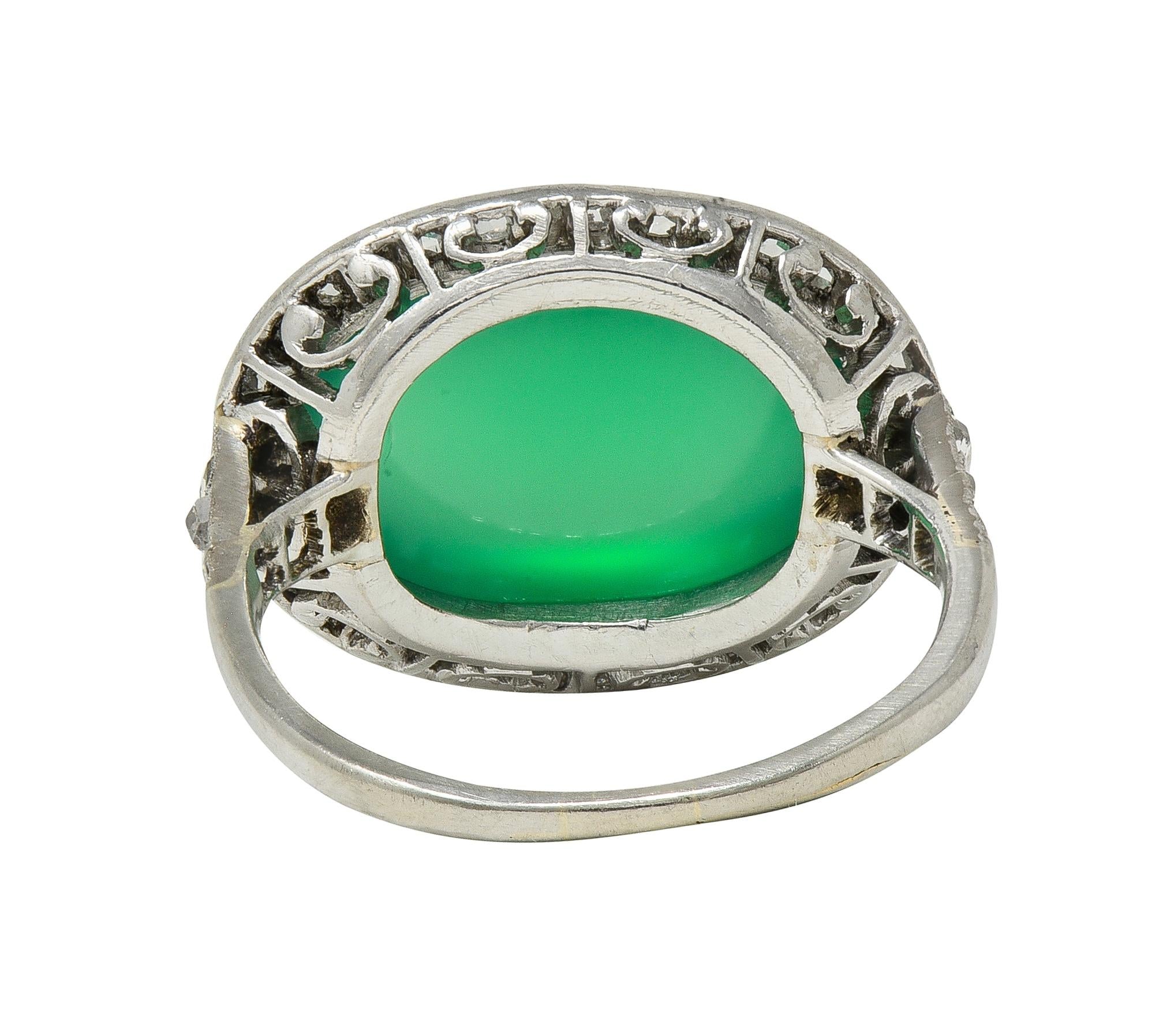 Art Deco Chrysoprase Diamond Platinum Vintage Scrolling Halo Ring