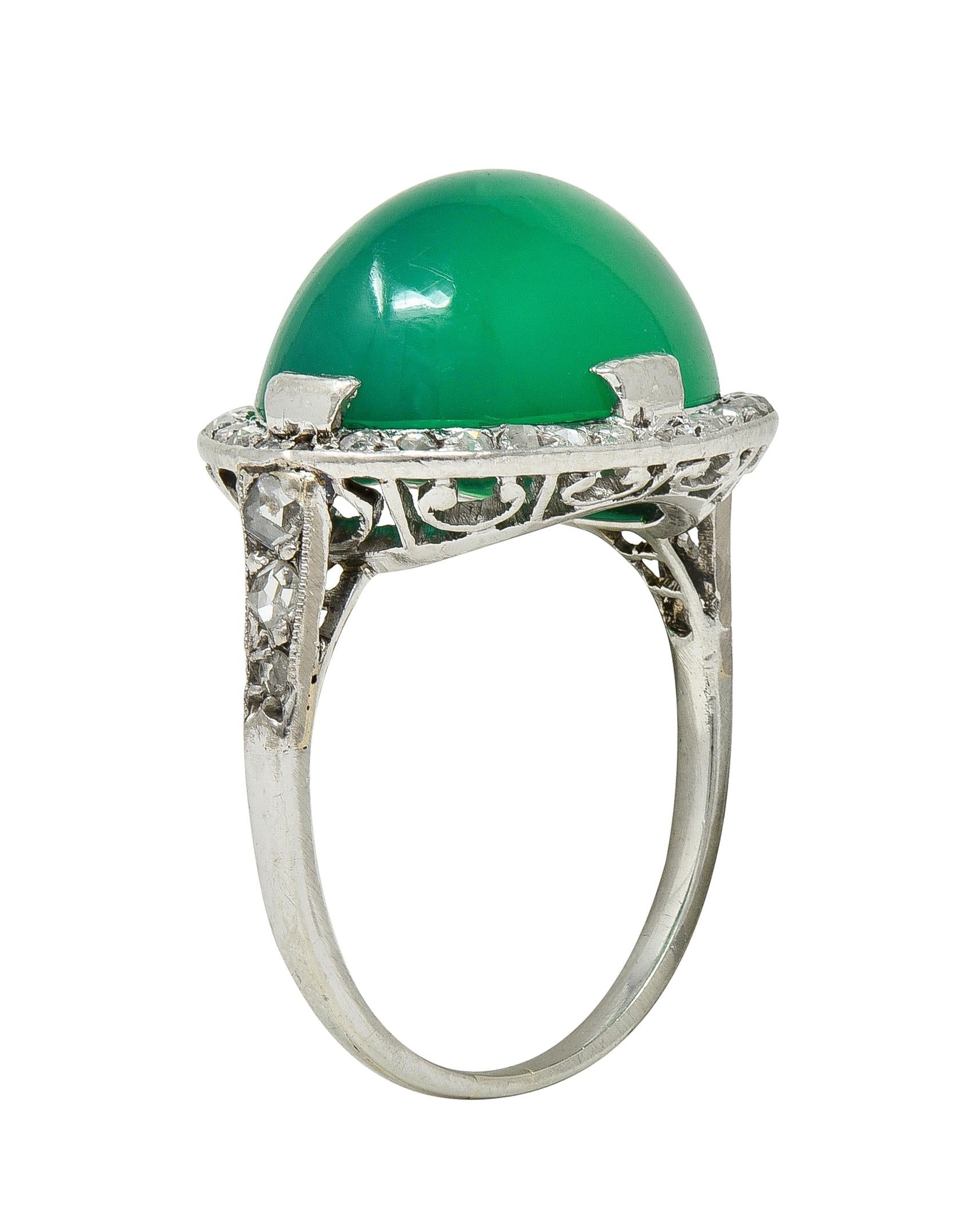 Art Deco Chrysoprase Diamond Platinum Vintage Scrolling Halo Ring