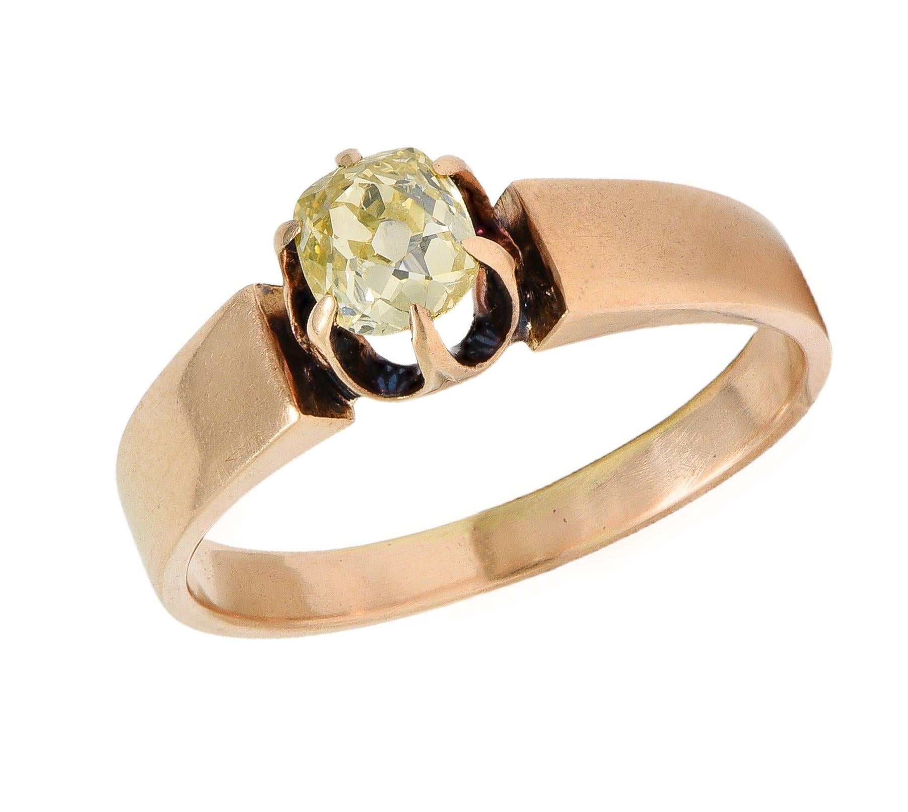 Victorian Fancy Light Yellow Old Mine Diamond 14K Gold Antique Engagement Ring
