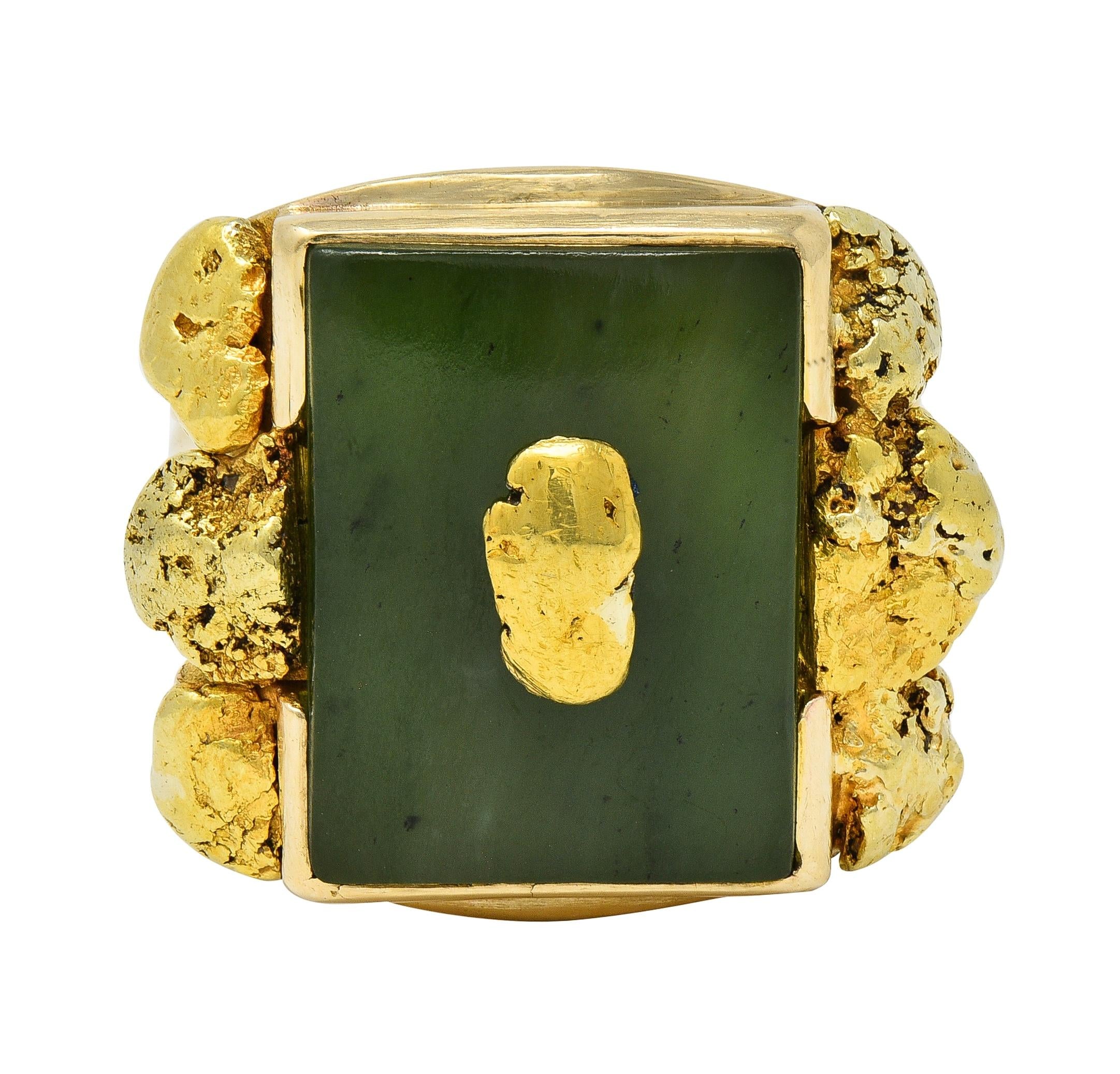 1960's Nephrite Jade 10 Karat Yellow Gold Vintage Nugget Signet Ring