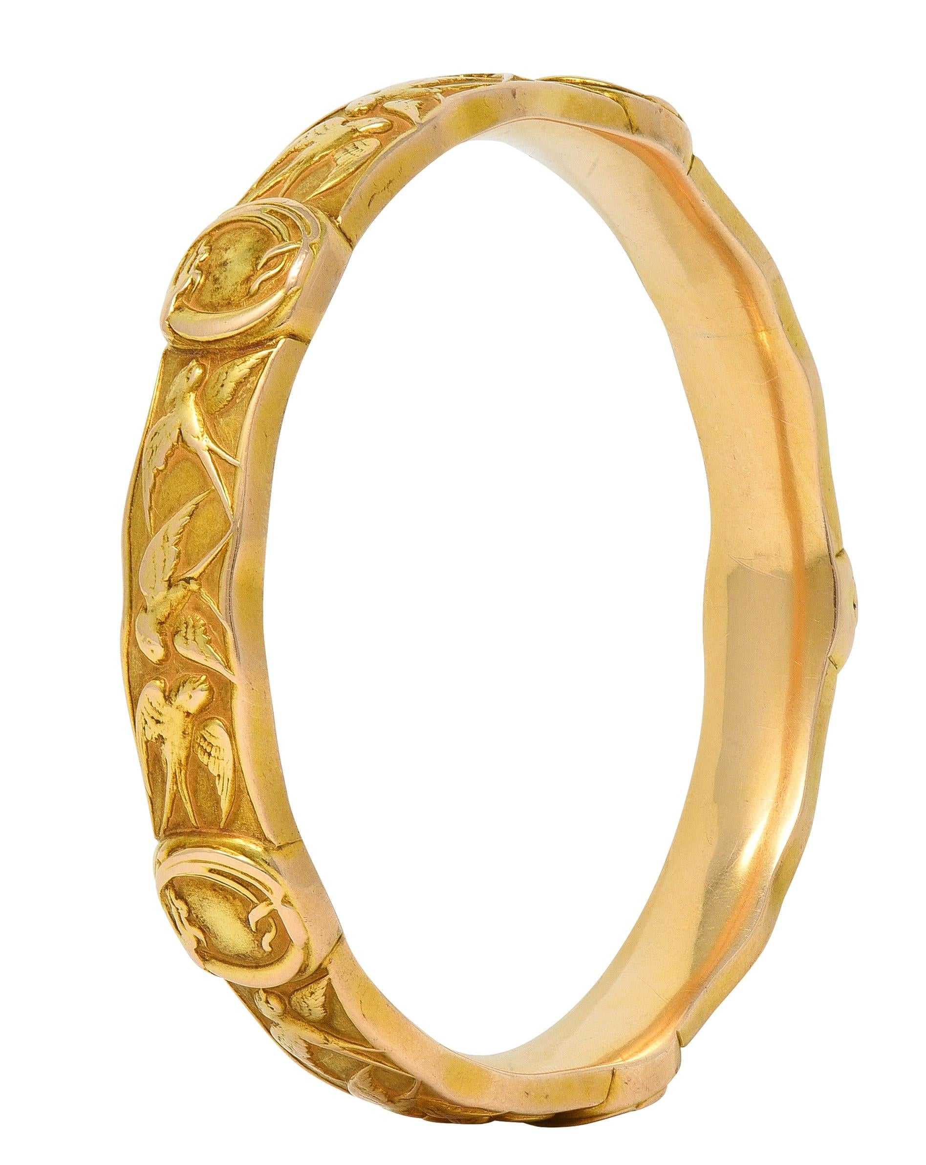 Riker Brothers Art Nouveau 14 Karat Yellow Gold Antique Swallow Bangle Bracelet