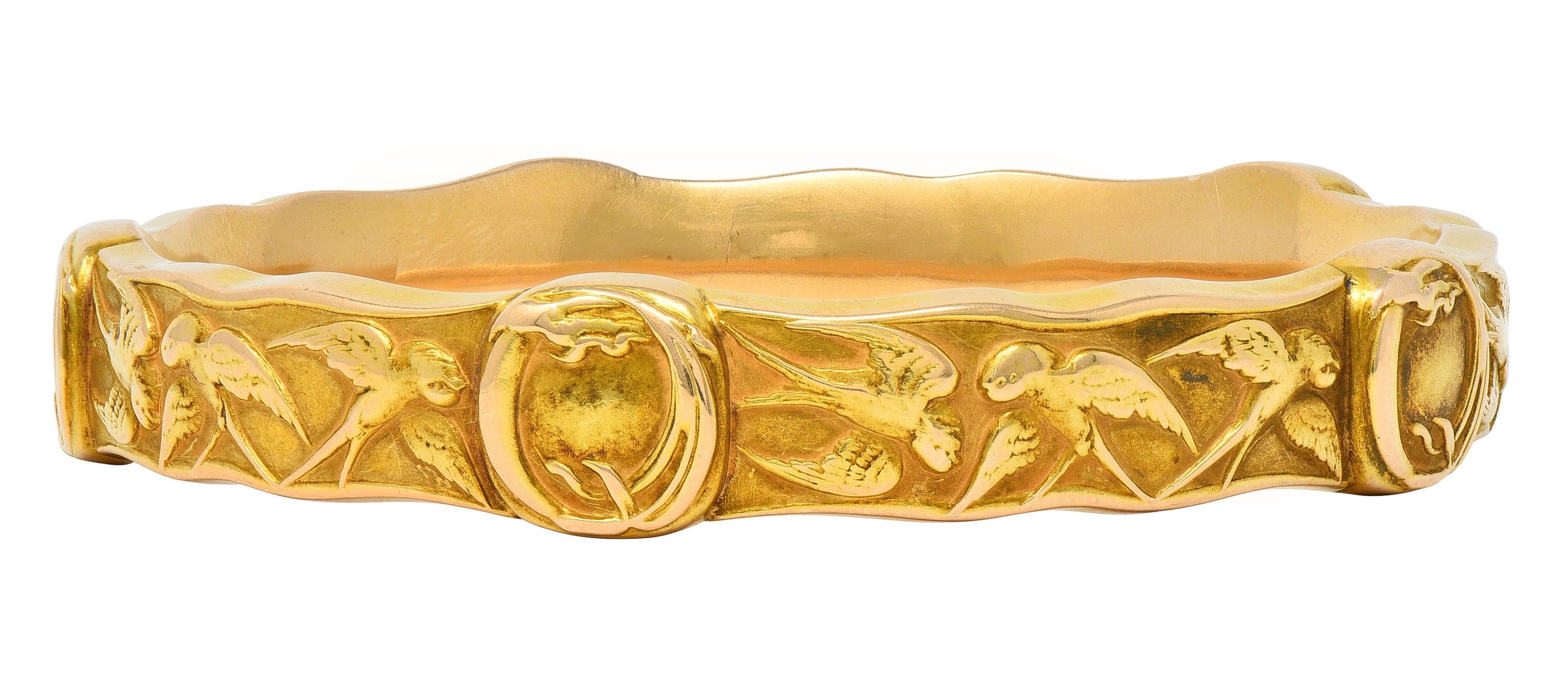 Riker Brothers Art Nouveau 14 Karat Yellow Gold Antique Swallow Bangle Bracelet