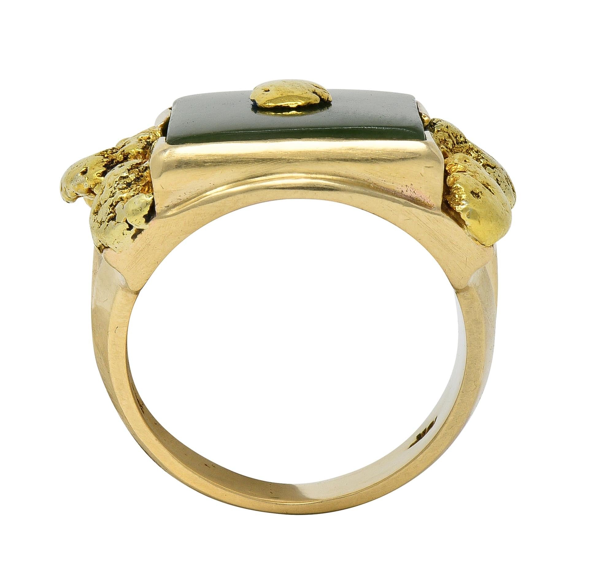 1960's Nephrite Jade 10 Karat Yellow Gold Vintage Nugget Signet Ring