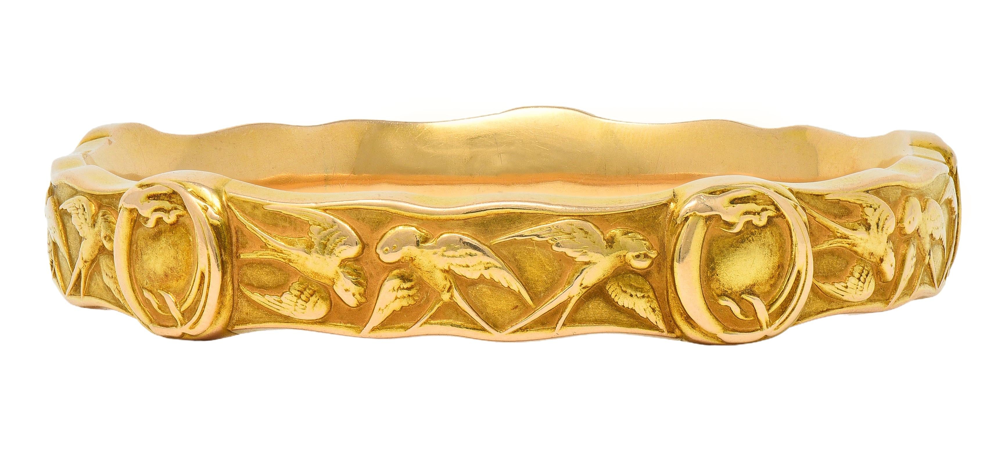 Riker Brothers Art Nouveau 14 Karat Yellow Gold Antique Swallow Bangle Bracelet