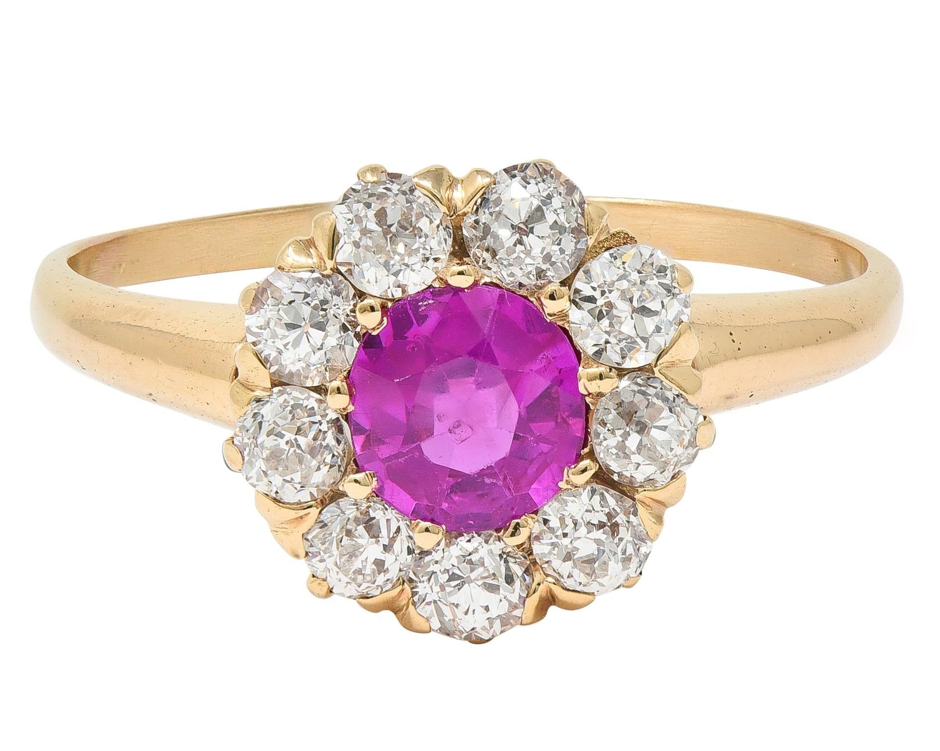 Victorian No Heat Burma Pink Sapphire Diamond 14K Gold Antique Halo Ring GIA