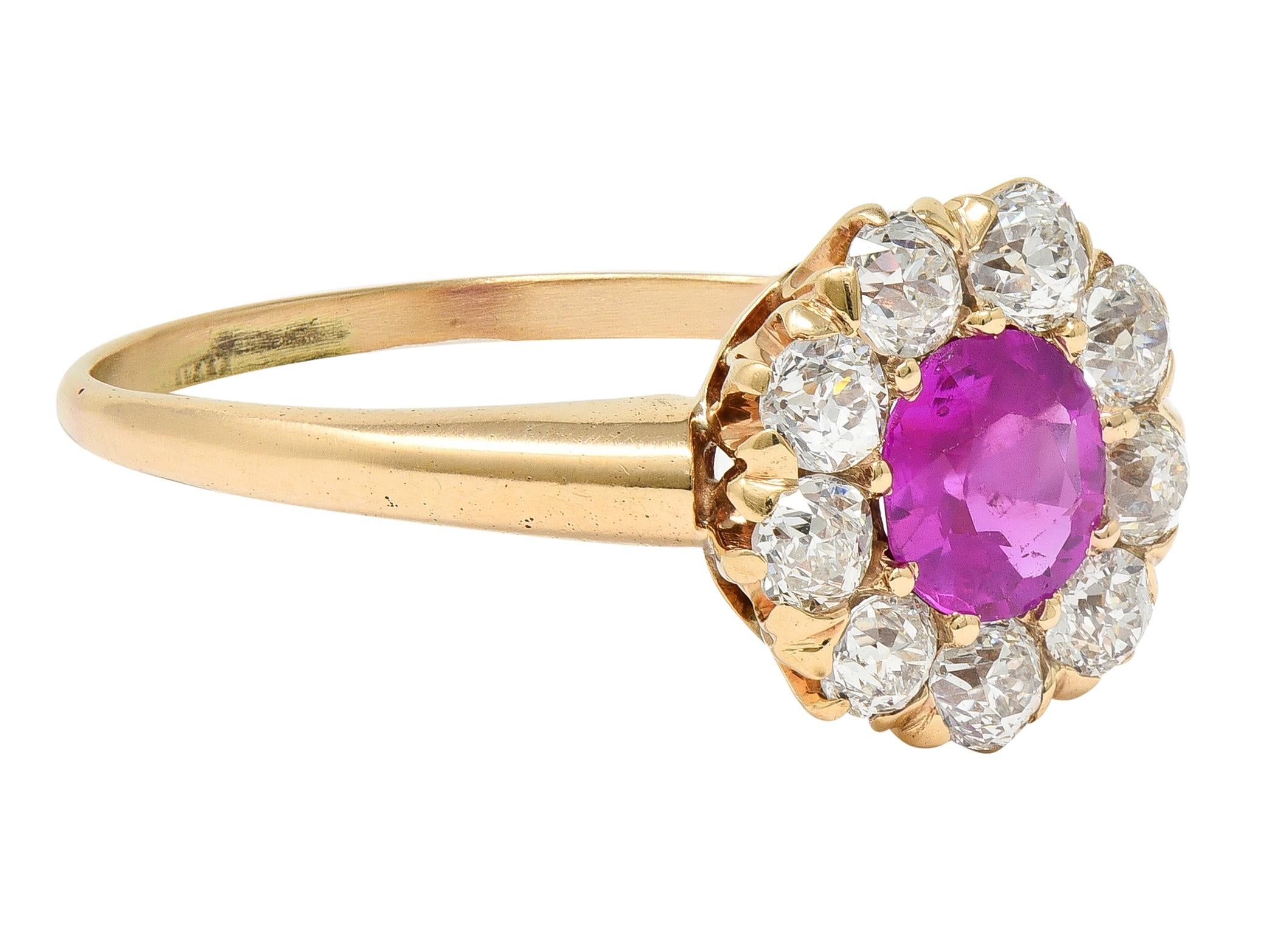 Victorian No Heat Burma Pink Sapphire Diamond 14K Gold Antique Halo Ring GIA