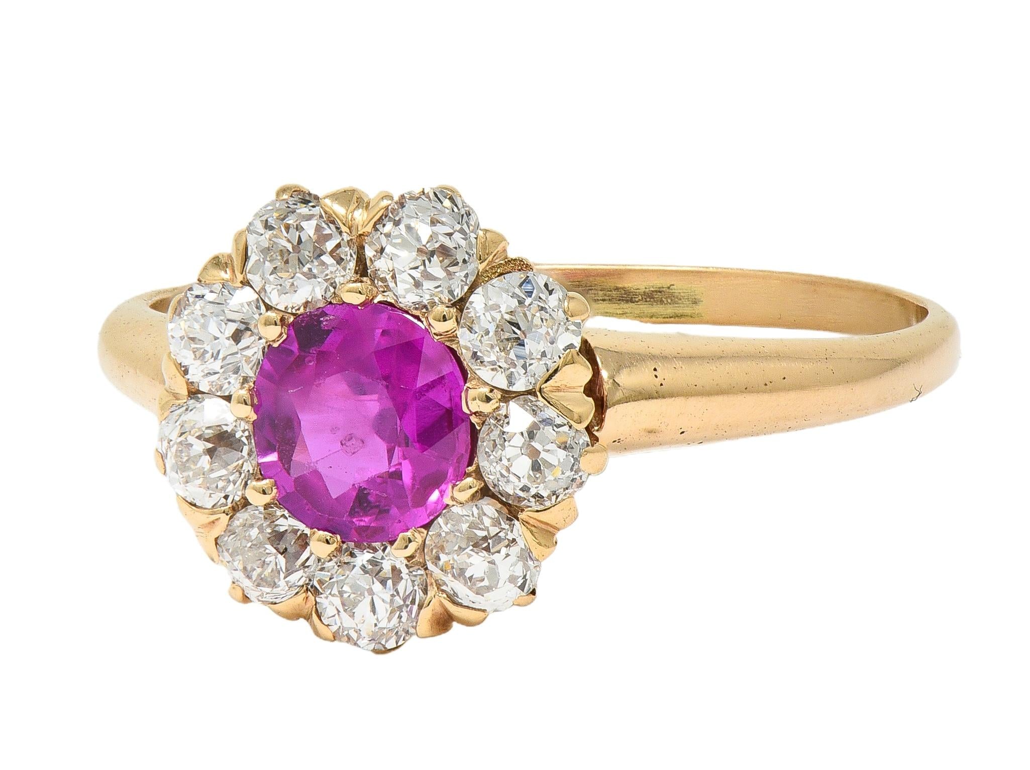 Victorian No Heat Burma Pink Sapphire Diamond 14K Gold Antique Halo Ring GIA