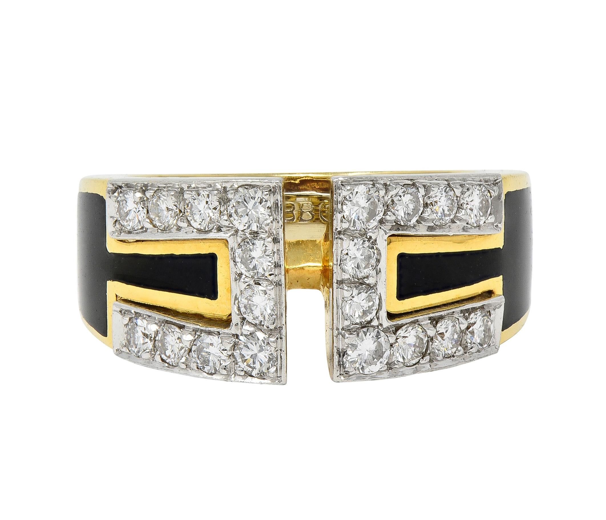 David Webb Diamond Black Enamel Platinum 18 Karat Yellow Gold Gap Ring